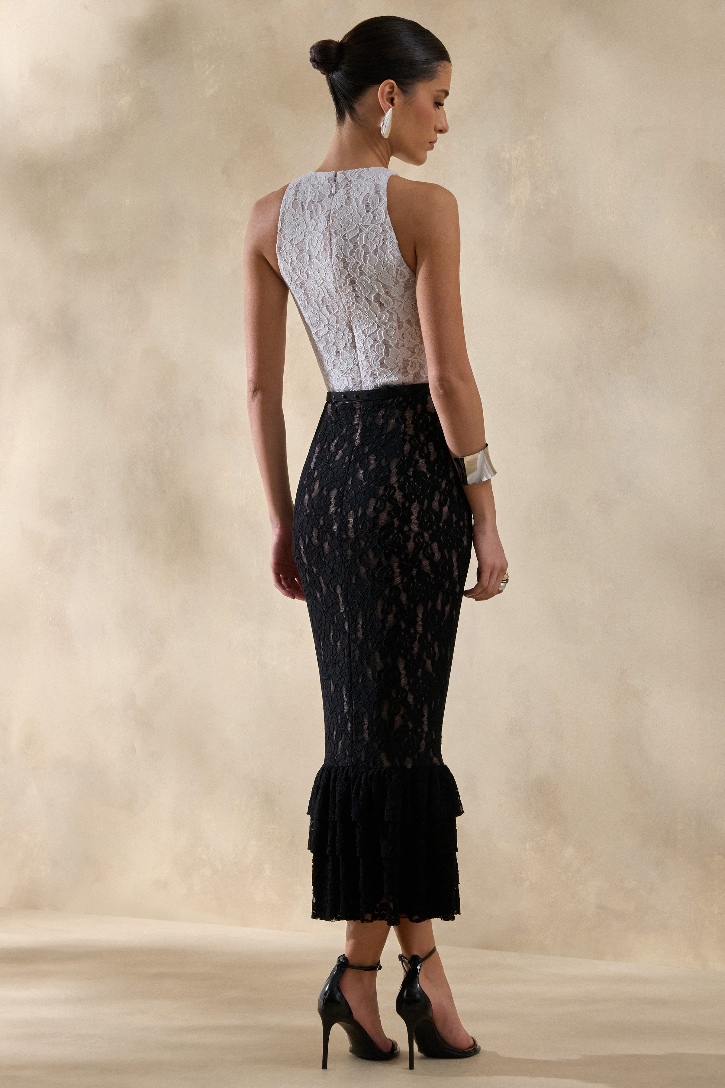Vionna | Black And White Lace High-Neck Midi Dress With Bow-Belt Detail