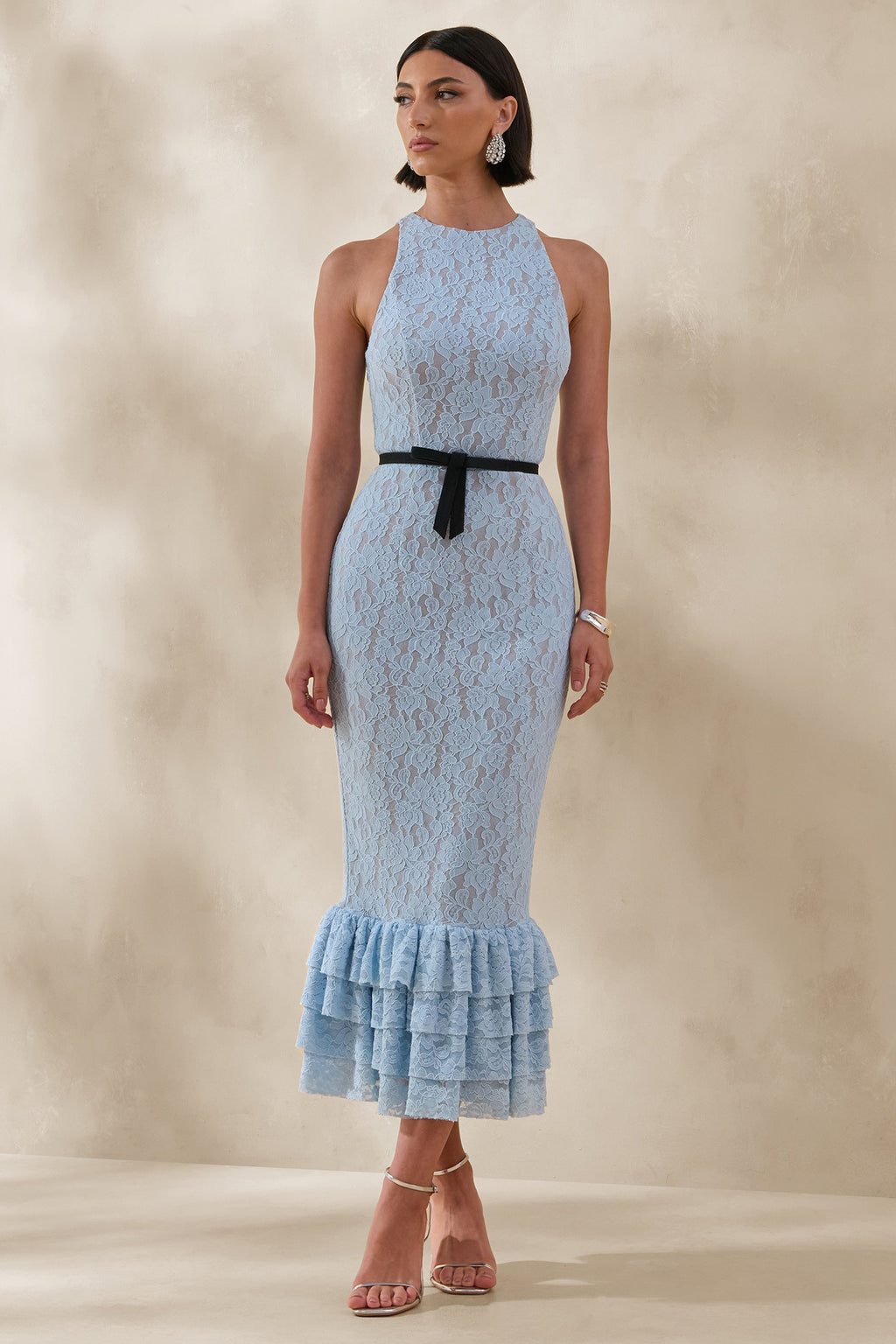 Vionna | Blue Lace High-Neck Midi Dress With Bow-Belt Detail