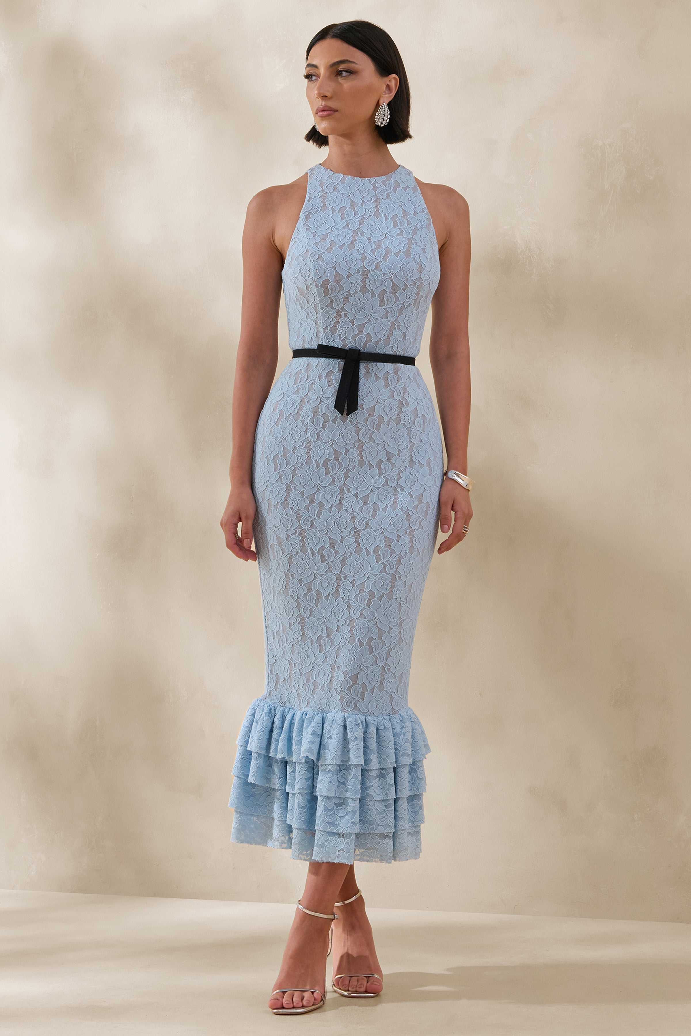 Vionna | Blue Lace High-Neck Midi Dress With Bow-Belt Detail