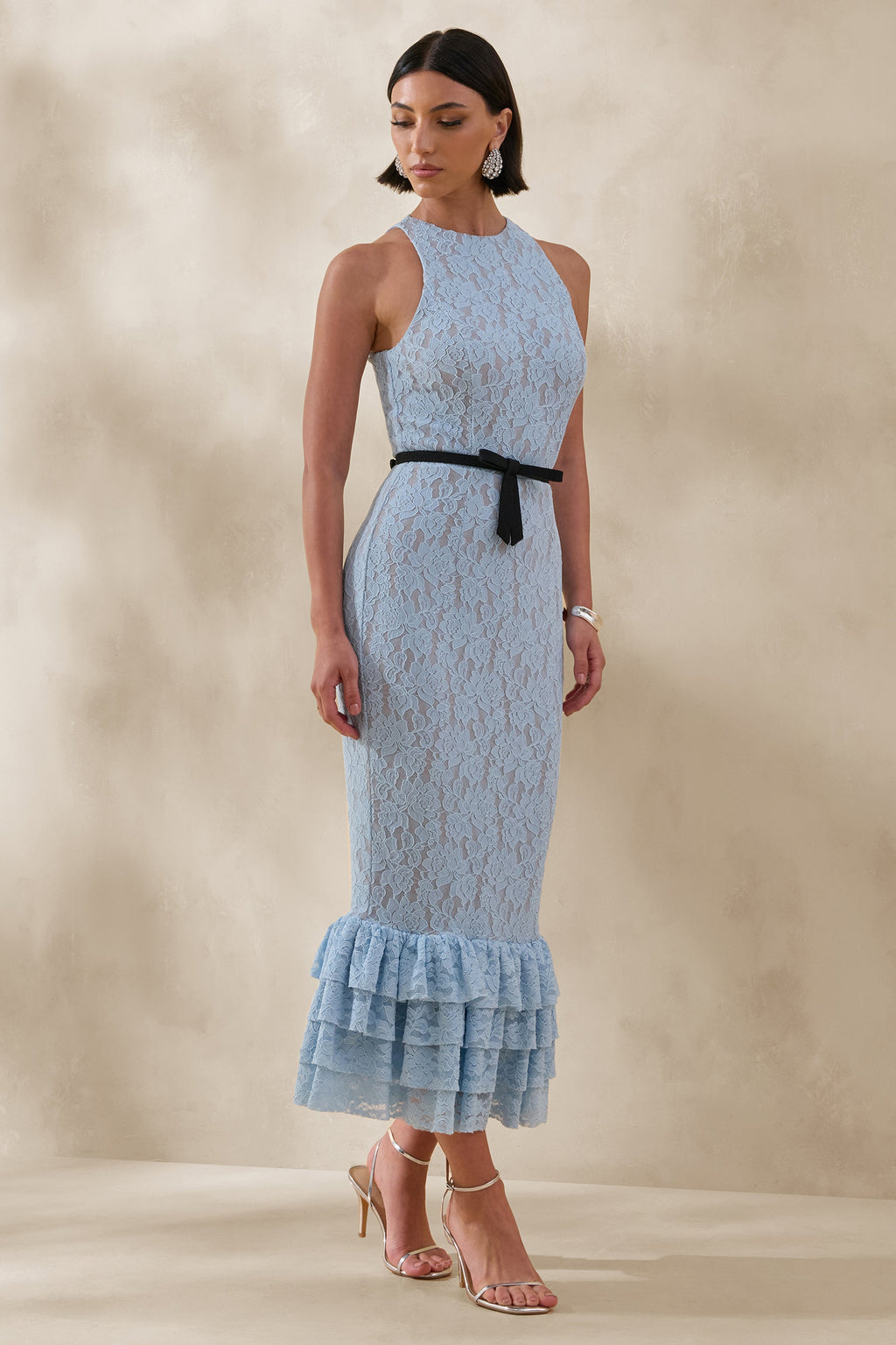 Vionna | Blue Lace High-Neck Midi Dress With Bow-Belt Detail