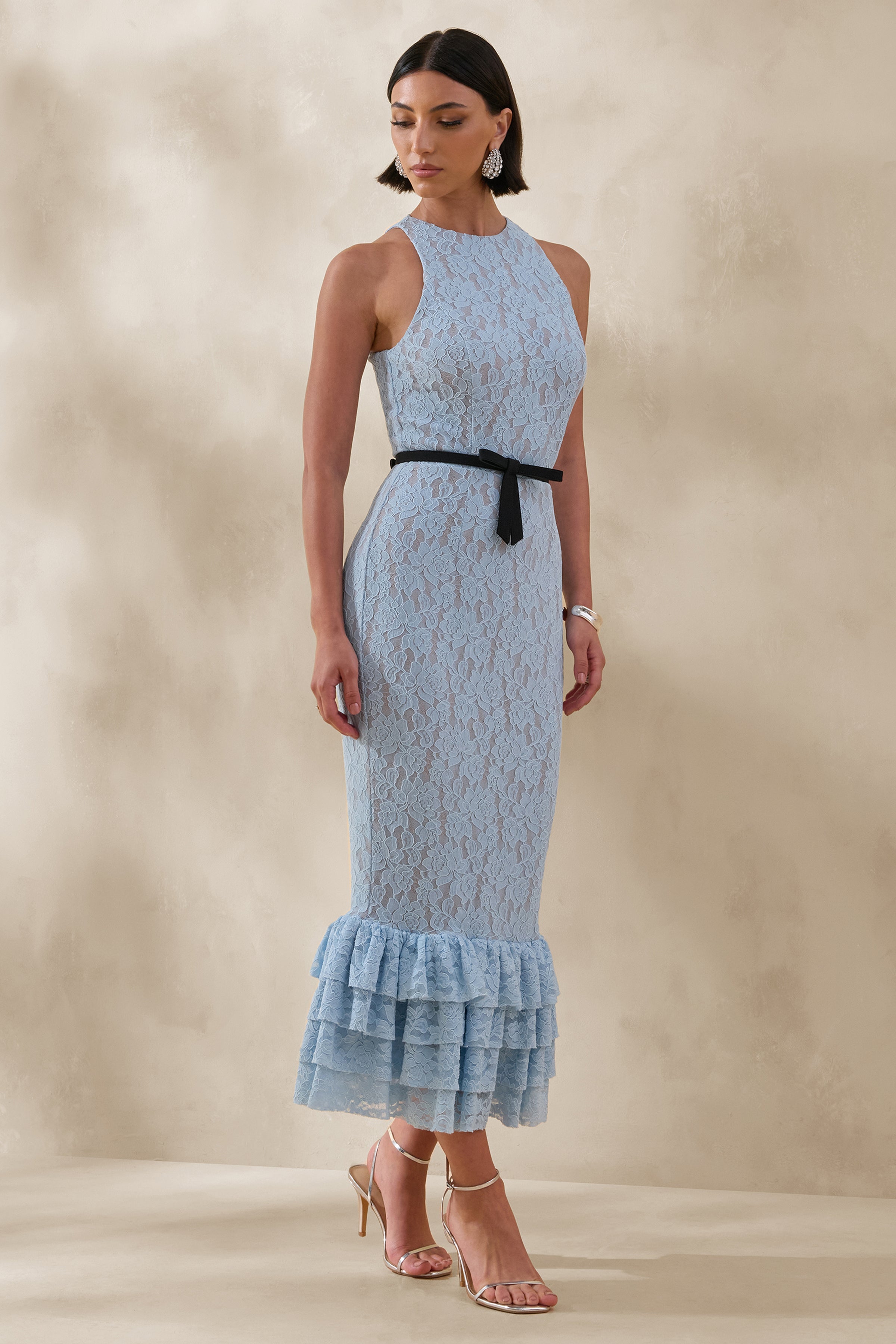Vionna | Blue Lace High-Neck Midi Dress With Bow-Belt Detail
