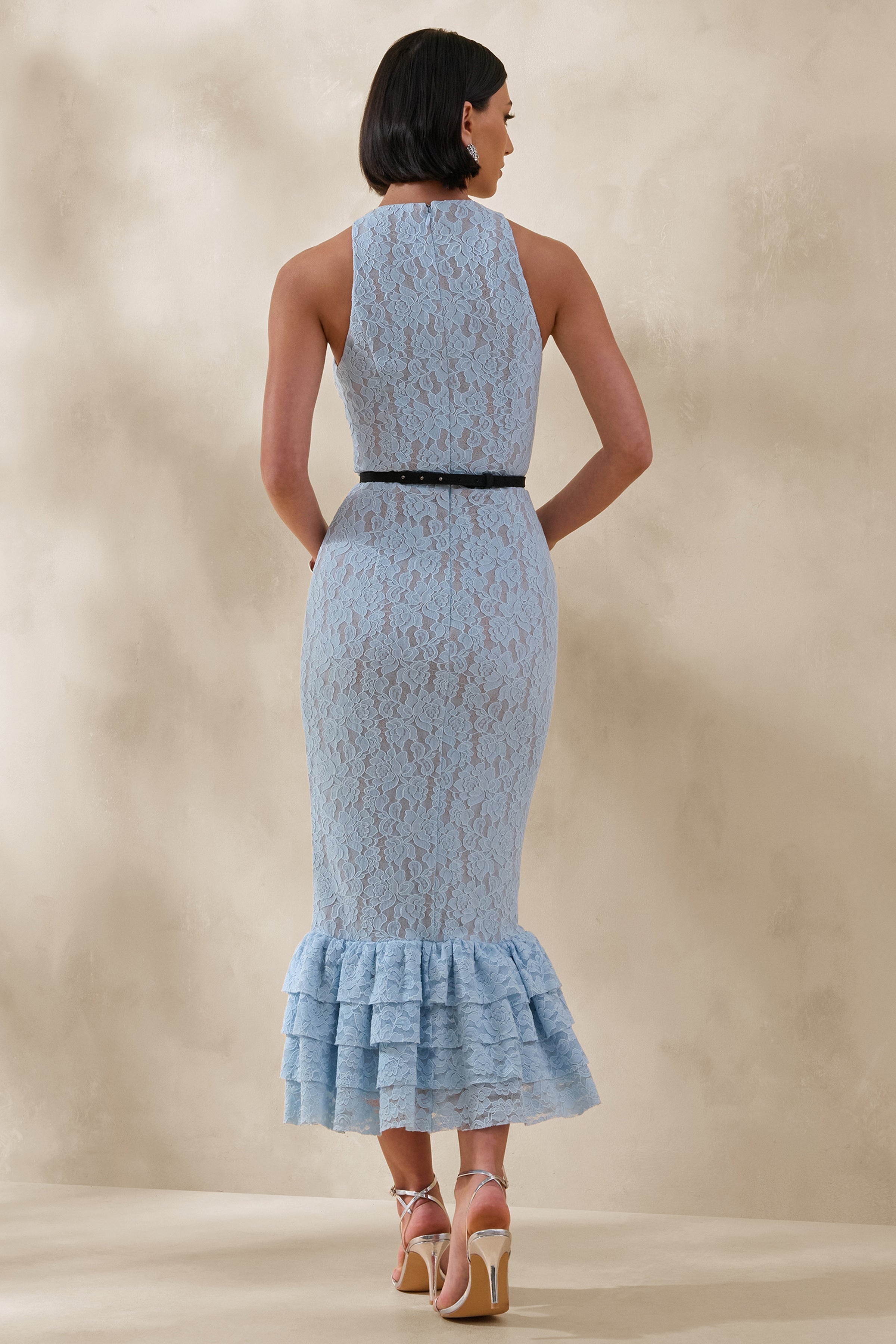 Vionna | Blue Lace High-Neck Midi Dress With Bow-Belt Detail