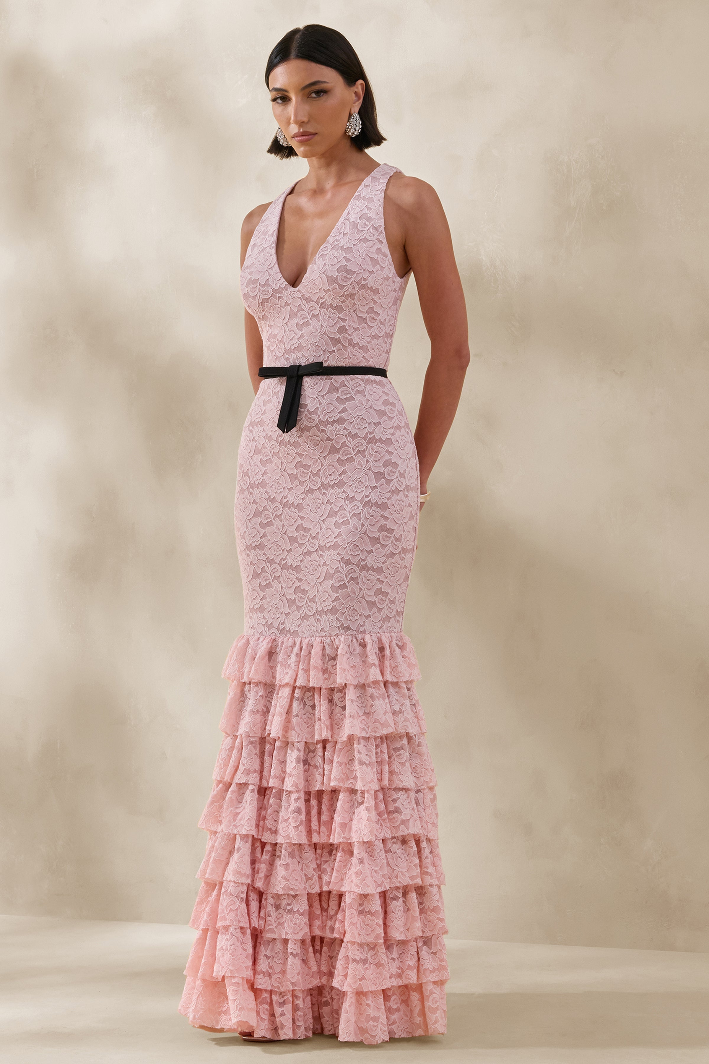 Isoria | Pink And Black Lace Halter-Neck Maxi Dress With Bow-Belt Detail