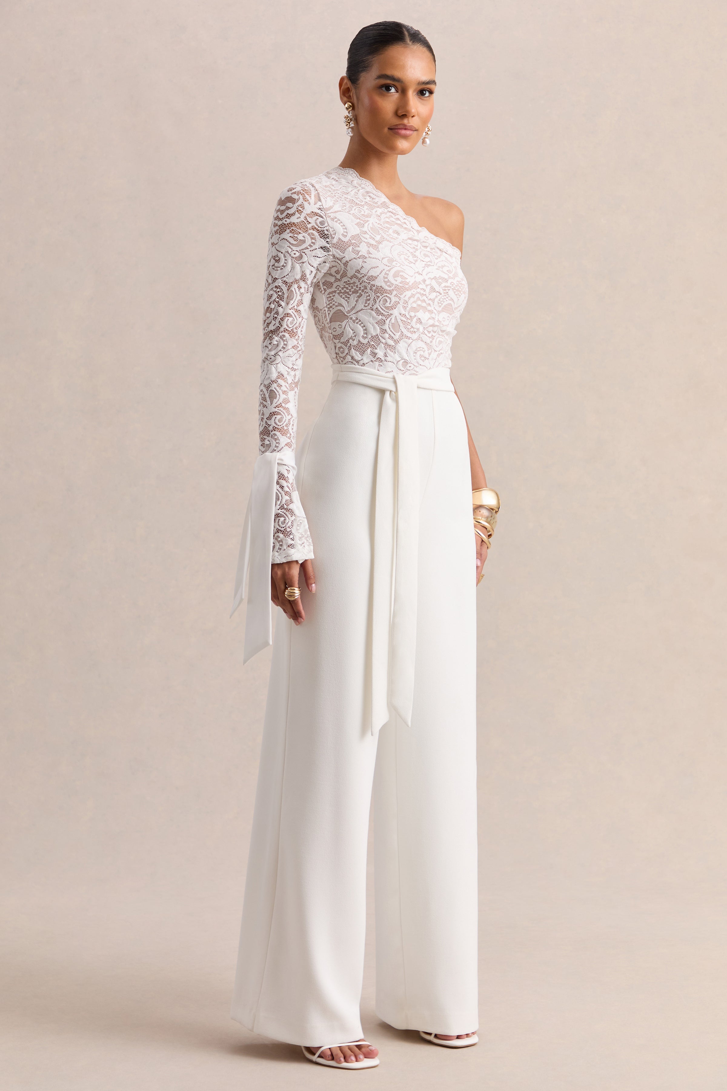 Clarence | White Lace Asymmetric-Neck Jumpsuit With Bow-Details