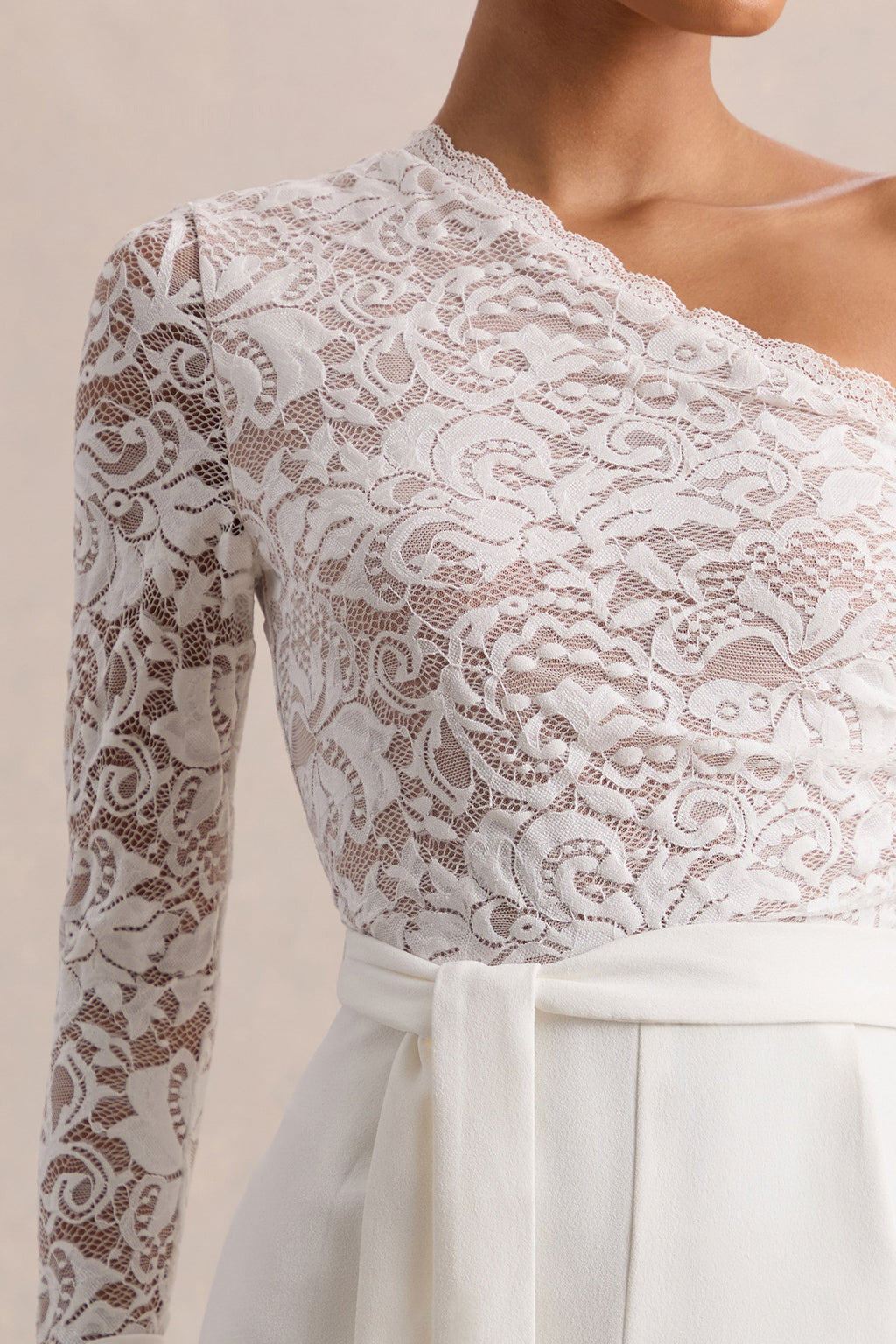 Clarence | White Lace Asymmetric-Neck Jumpsuit With Bow-Details
