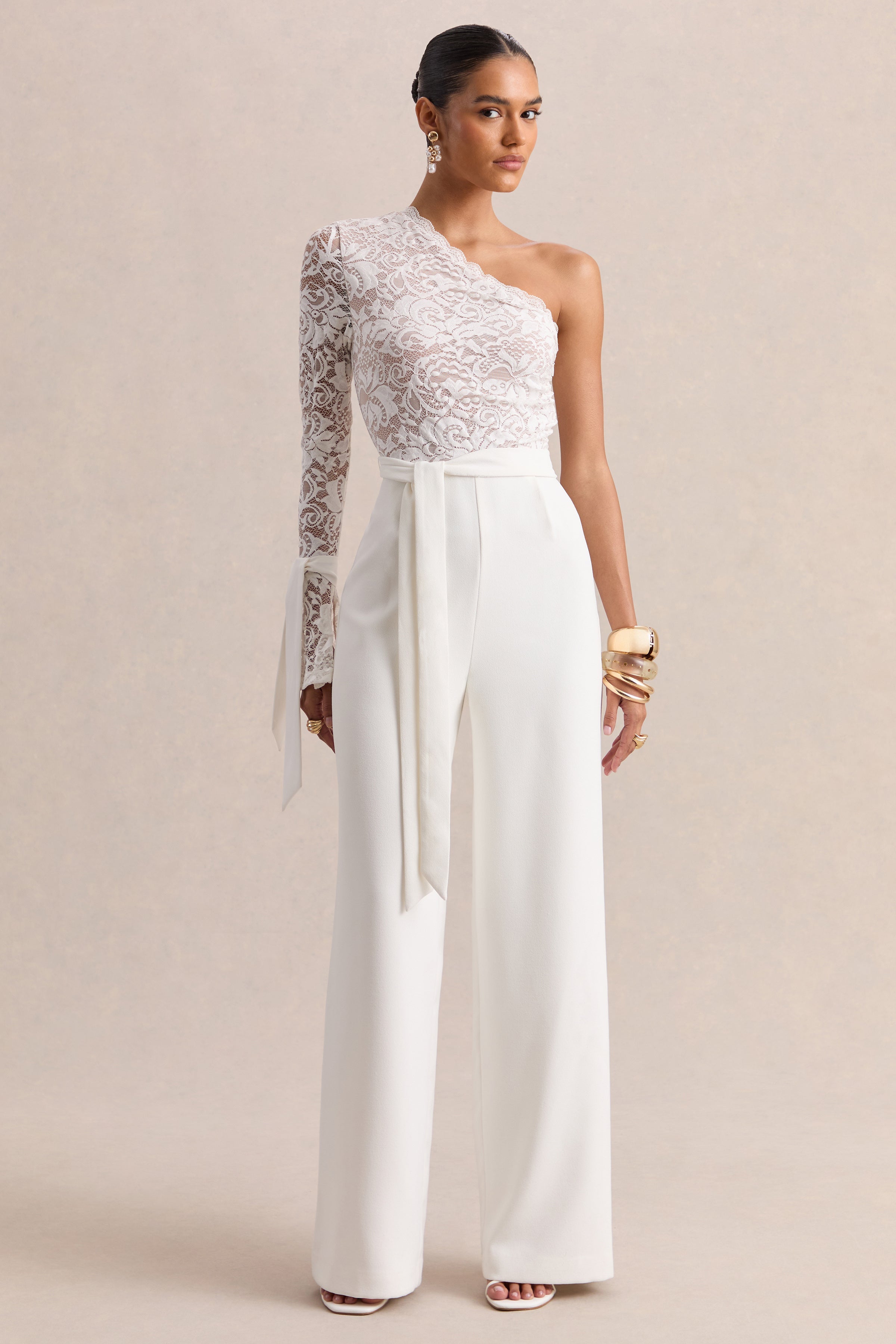 Clarence | White Lace Asymmetric-Neck Jumpsuit With Bow-Details