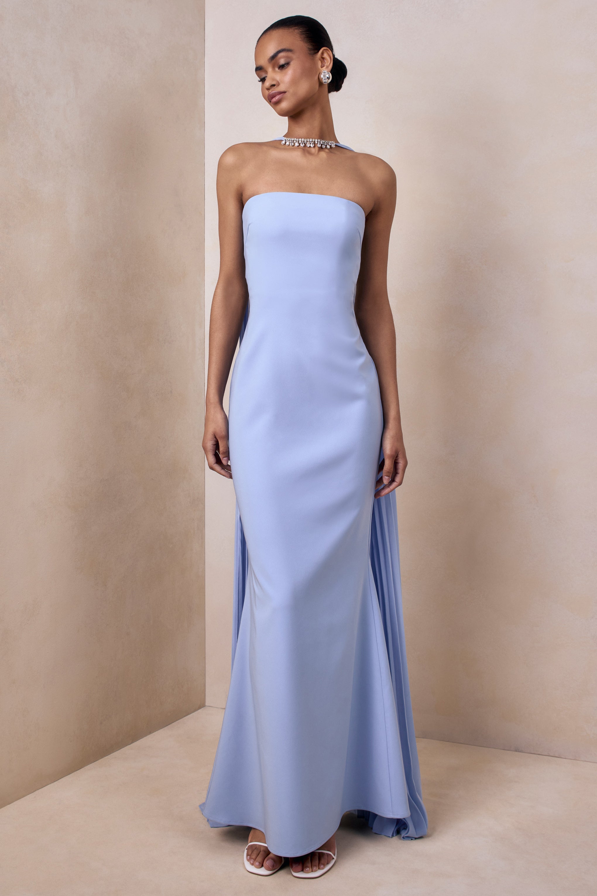 Avery | Powder Blue Bandeau Maxi Dress With Embellished Scarf