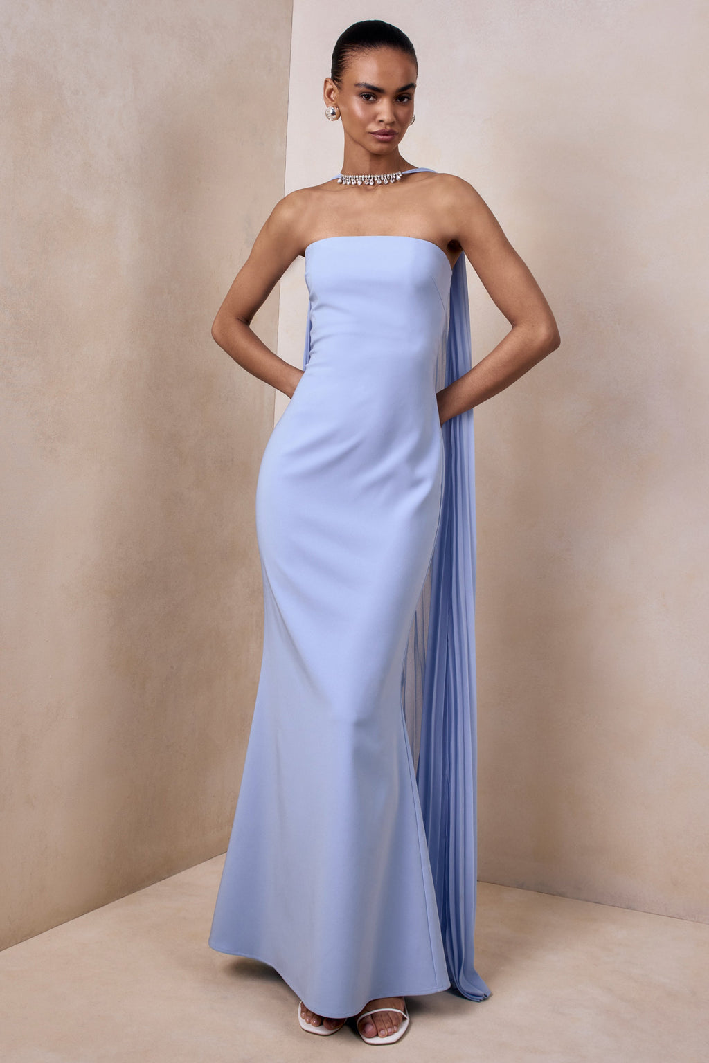 Avery | Powder Blue Bandeau Maxi Dress With Embellished Scarf
