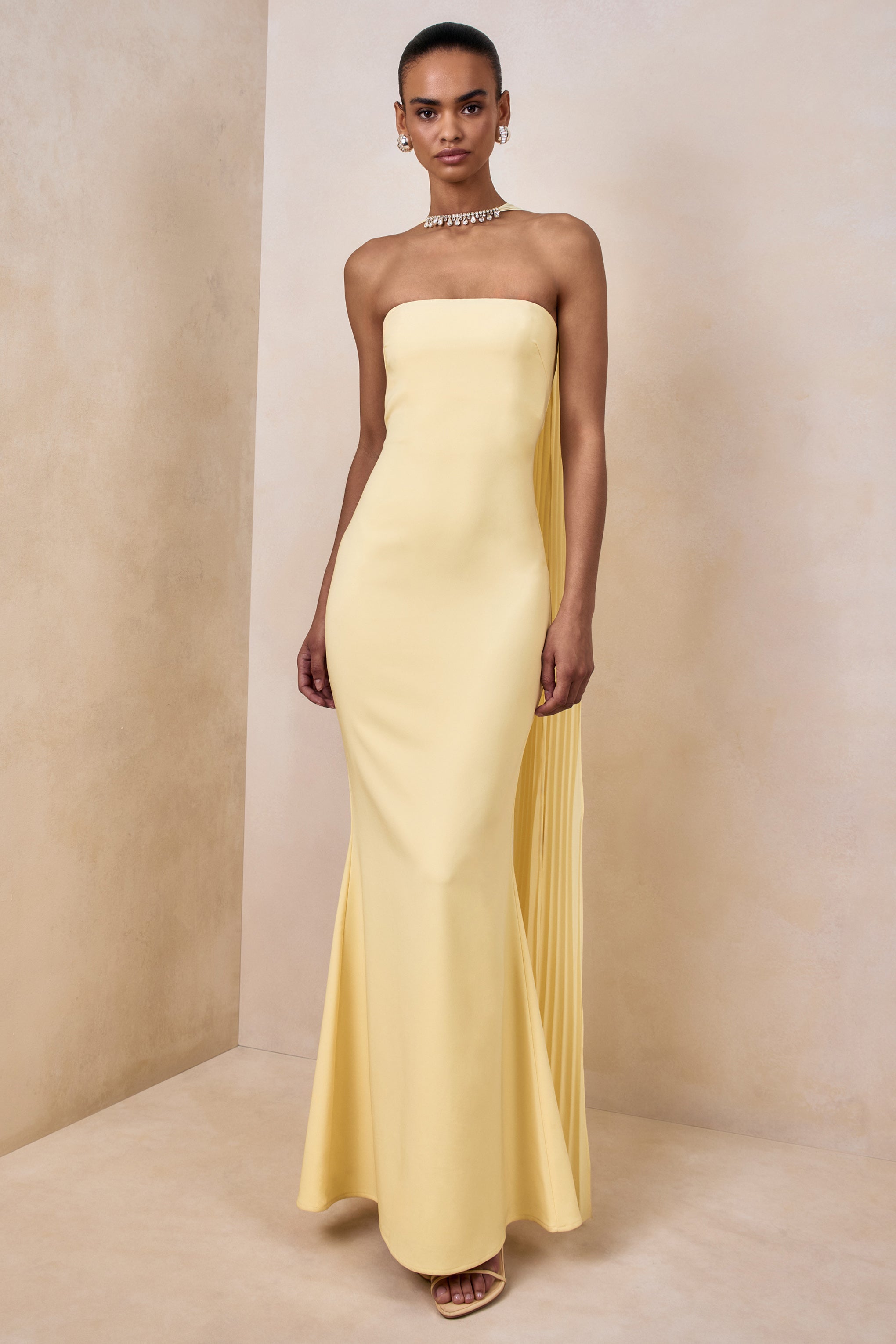Avery | Lemon Bandeau Maxi Dress With Embellished Scarf