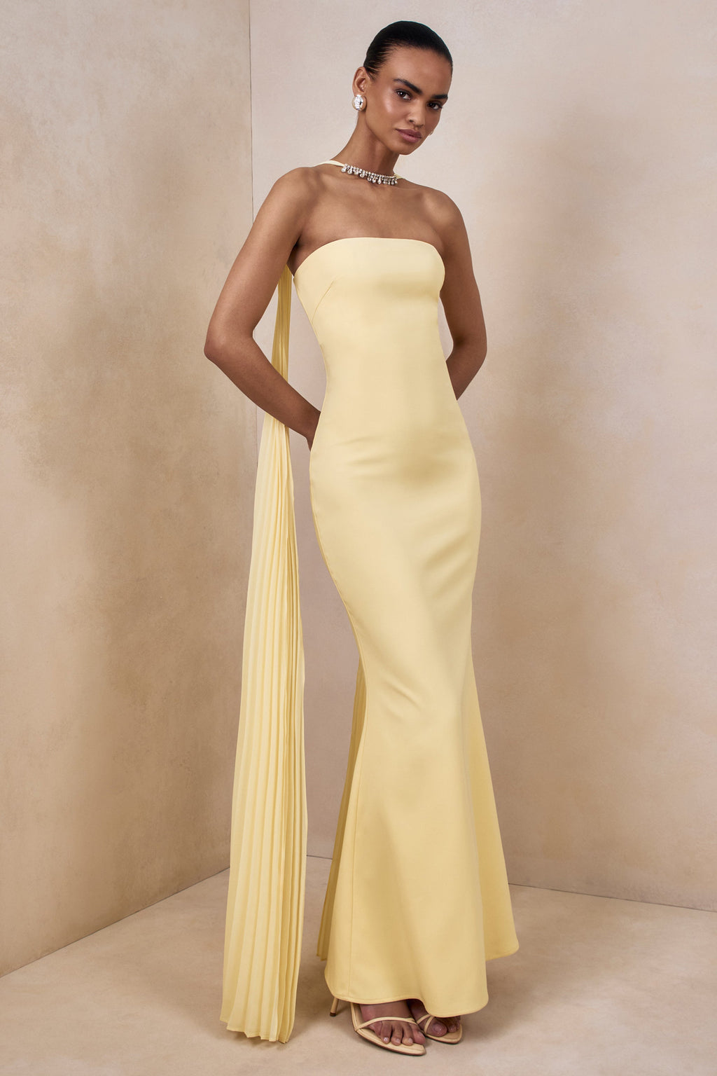 Avery | Lemon Bandeau Maxi Dress With Embellished Scarf