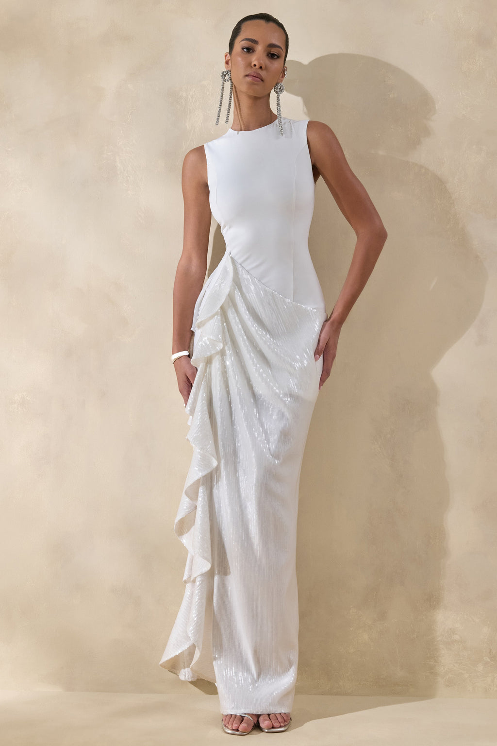 Ada | White Crew-Neck Maxi Dress With Sheer Skirt And Ruffled Detailing