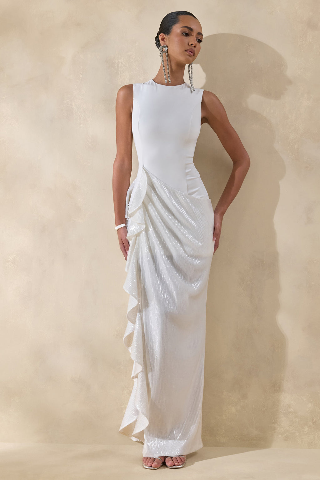 Ada | White Crew-Neck Maxi Dress With Sheer Skirt And Ruffled Detailing