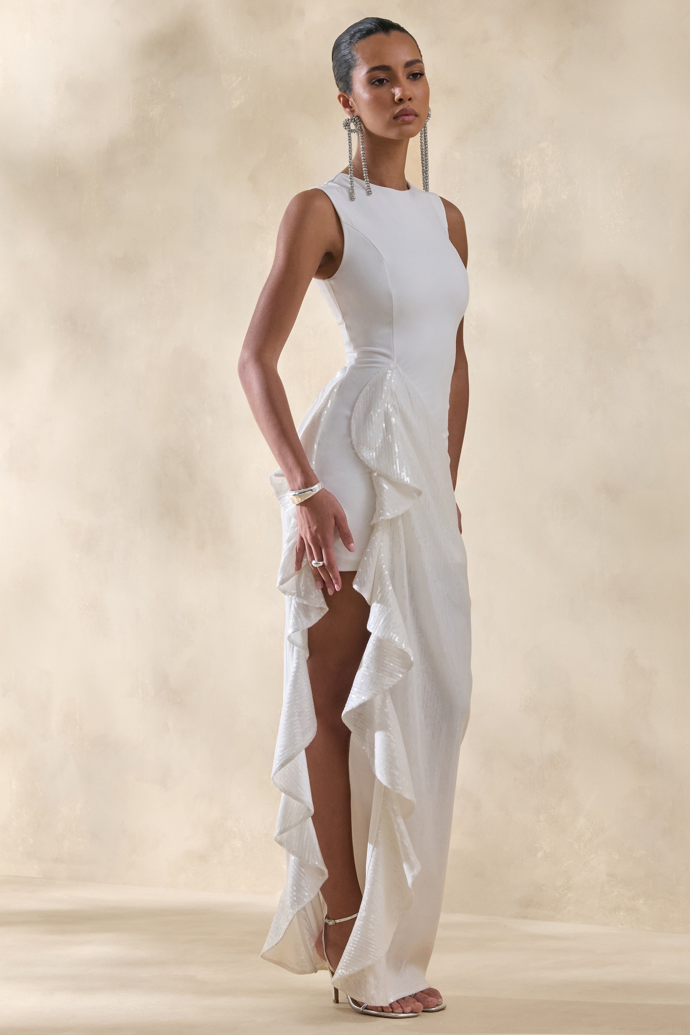 Ada | White Crew-Neck Maxi Dress With Sheer Skirt And Ruffled Detailing