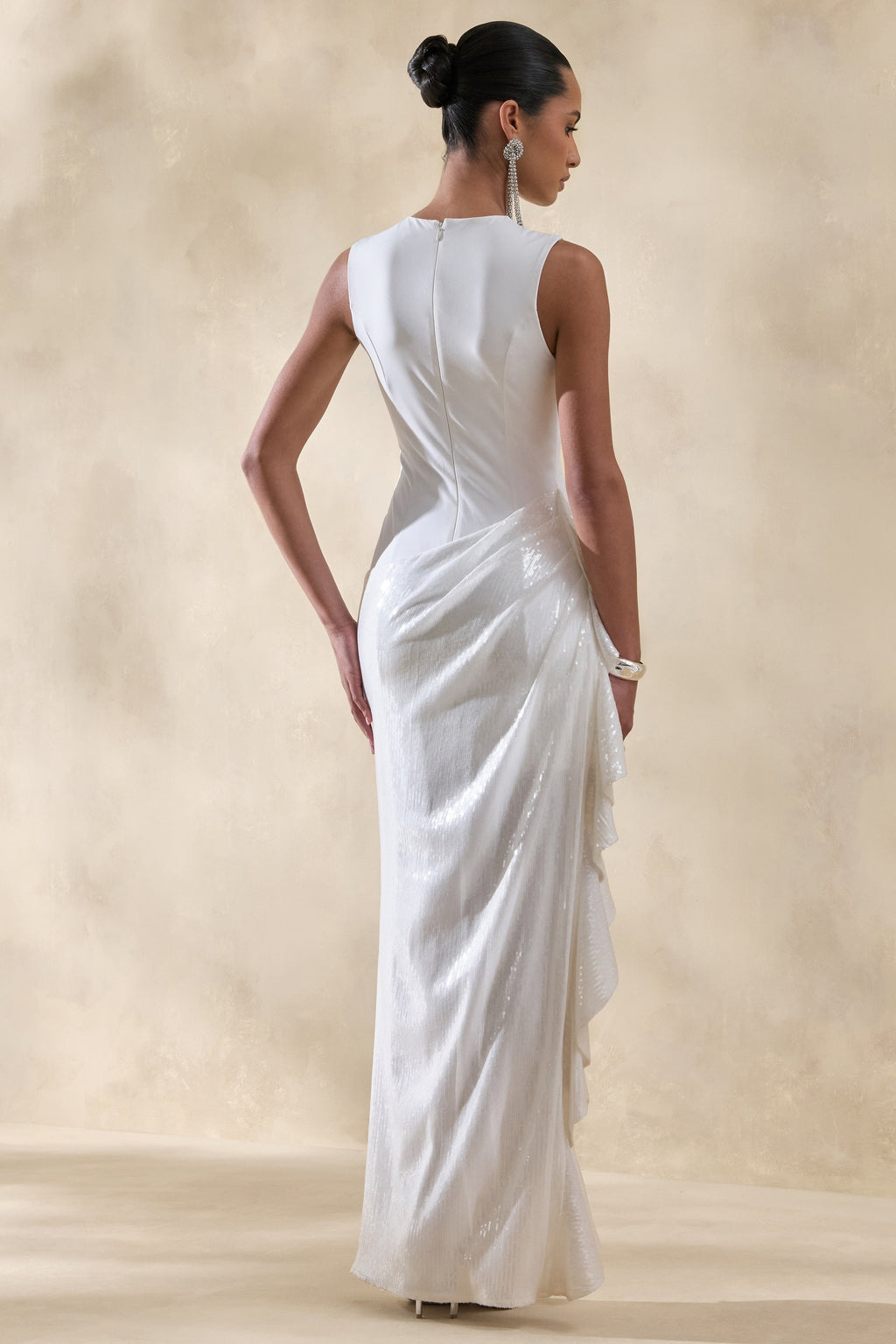 Ada | White Crew-Neck Maxi Dress With Sheer Skirt And Ruffled Detailing