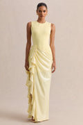 Ada | Lemon Crew-Neck Maxi Dress With Sheer Skirt And Ruffled Detailing