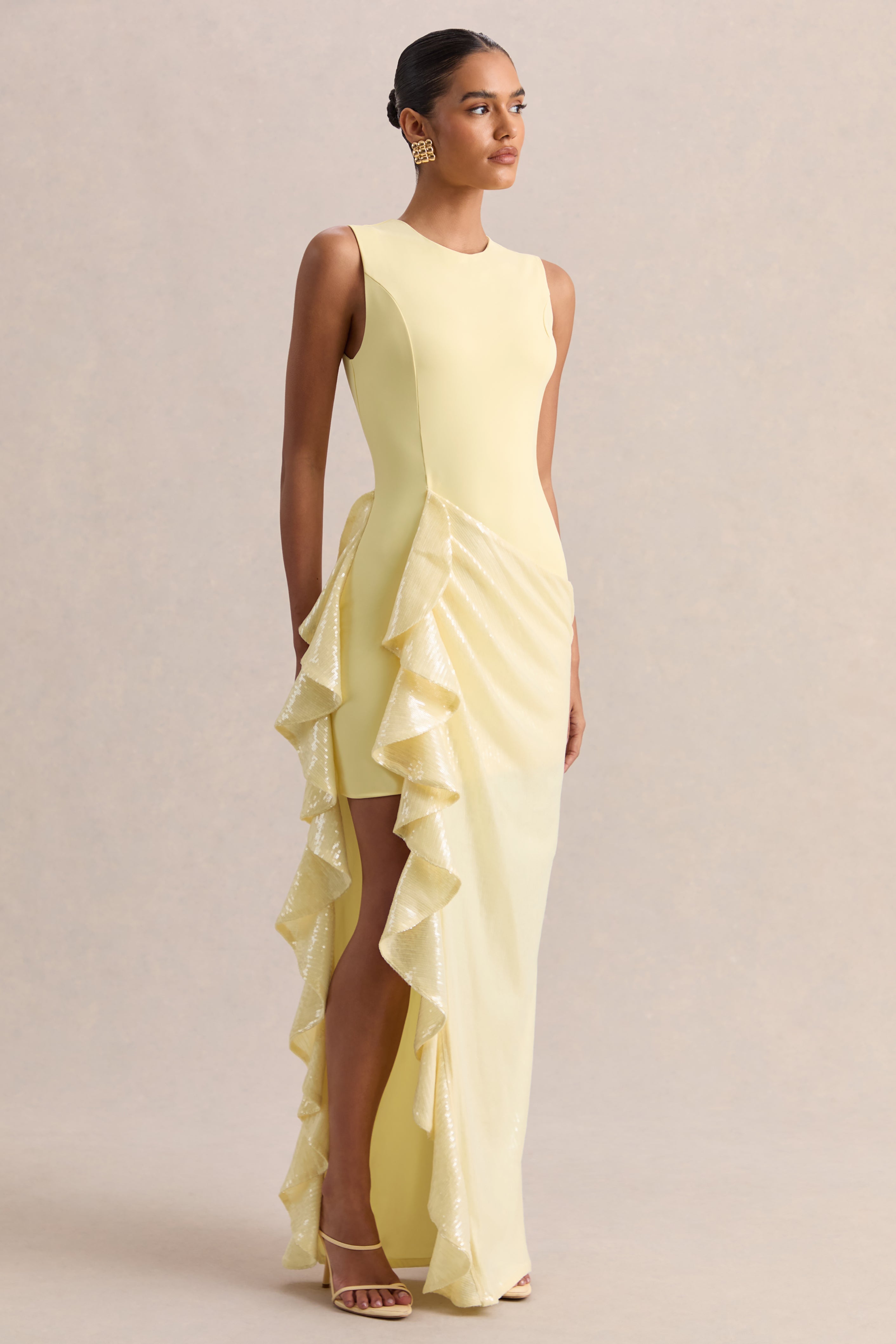 Ada | Lemon Crew-Neck Maxi Dress With Sheer Skirt And Ruffled Detailing