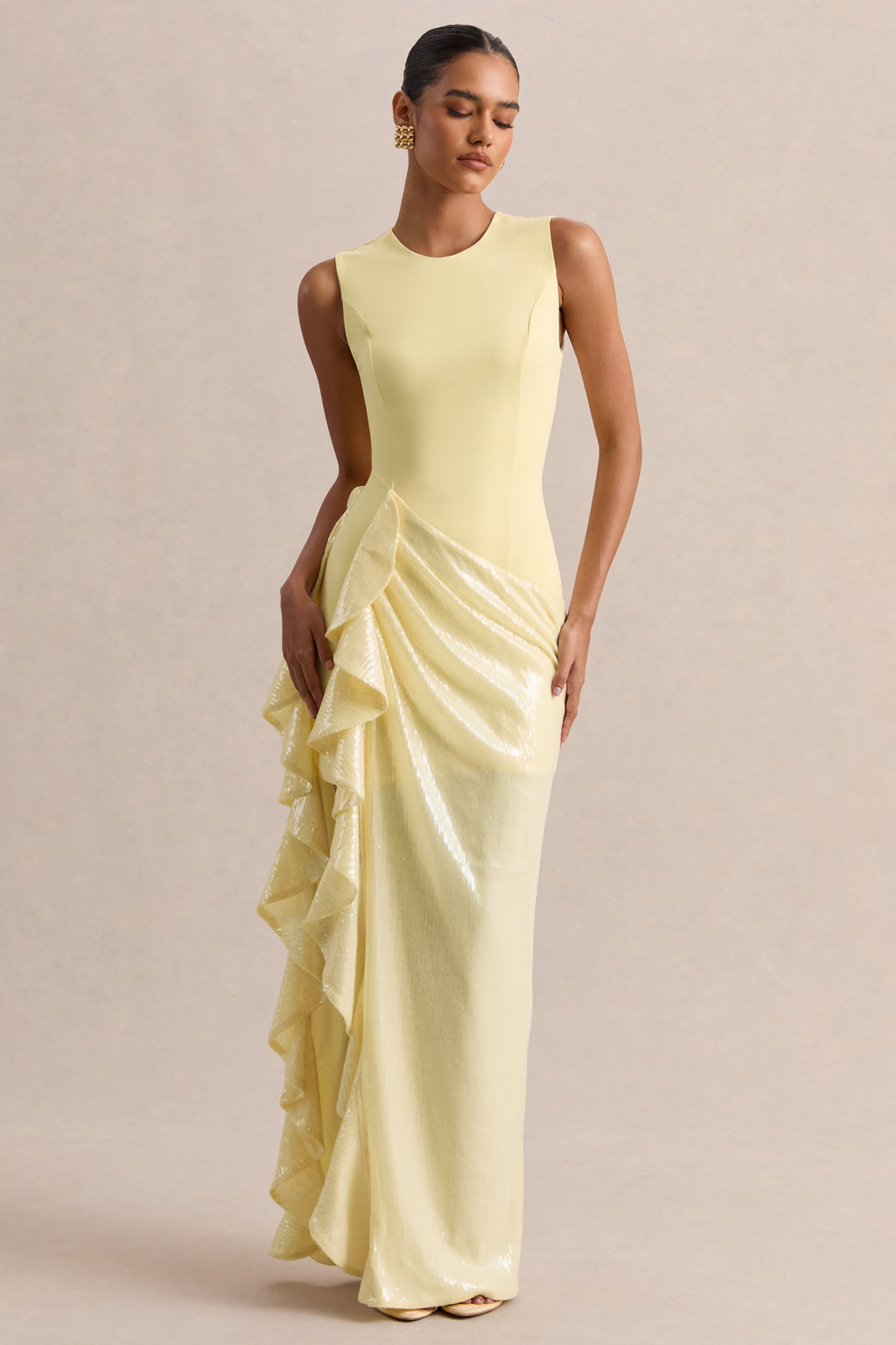 Ada | Lemon Crew-Neck Maxi Dress With Sheer Skirt And Ruffled Detailing