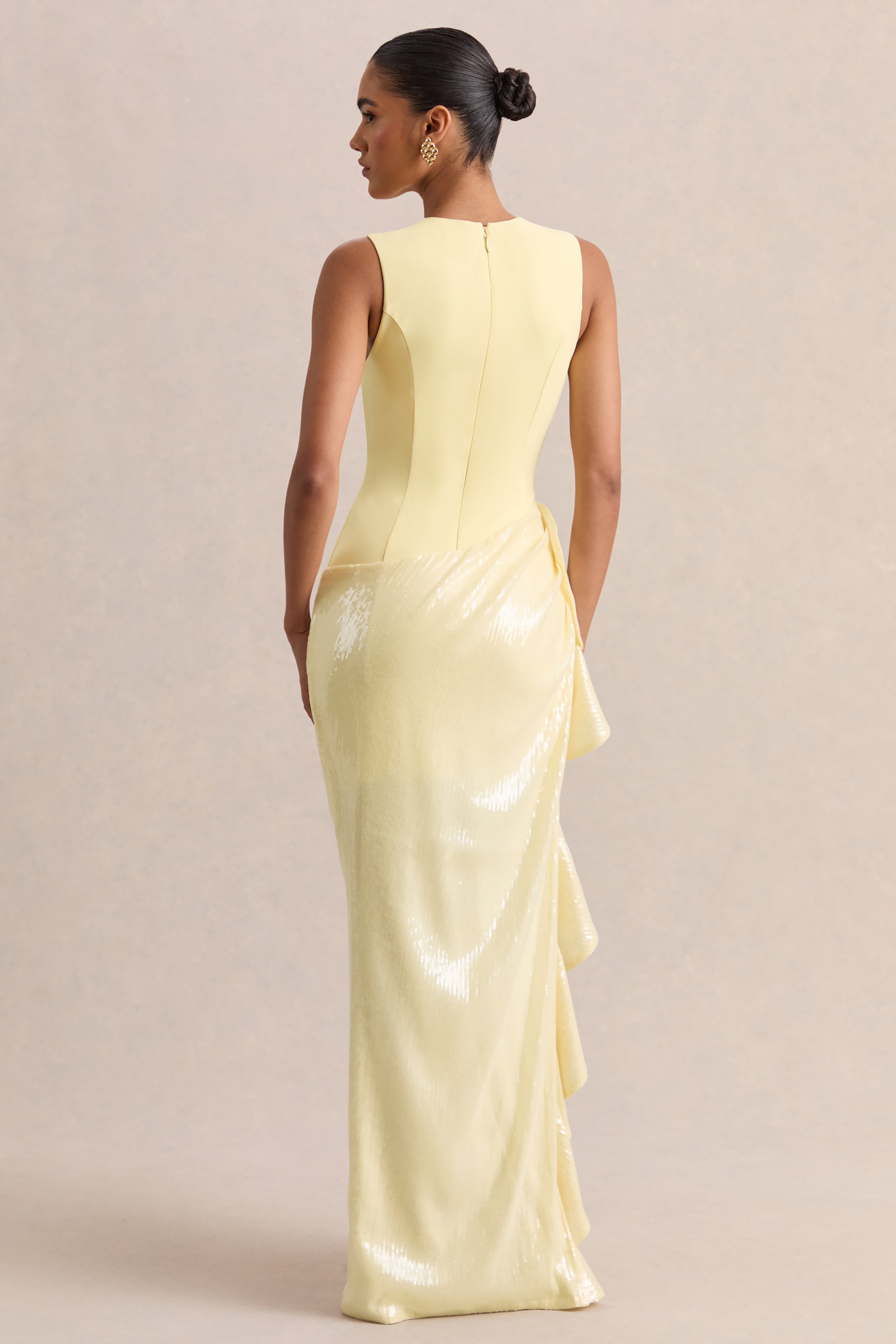 Ada | Lemon Crew-Neck Maxi Dress With Sheer Skirt And Ruffled Detailing