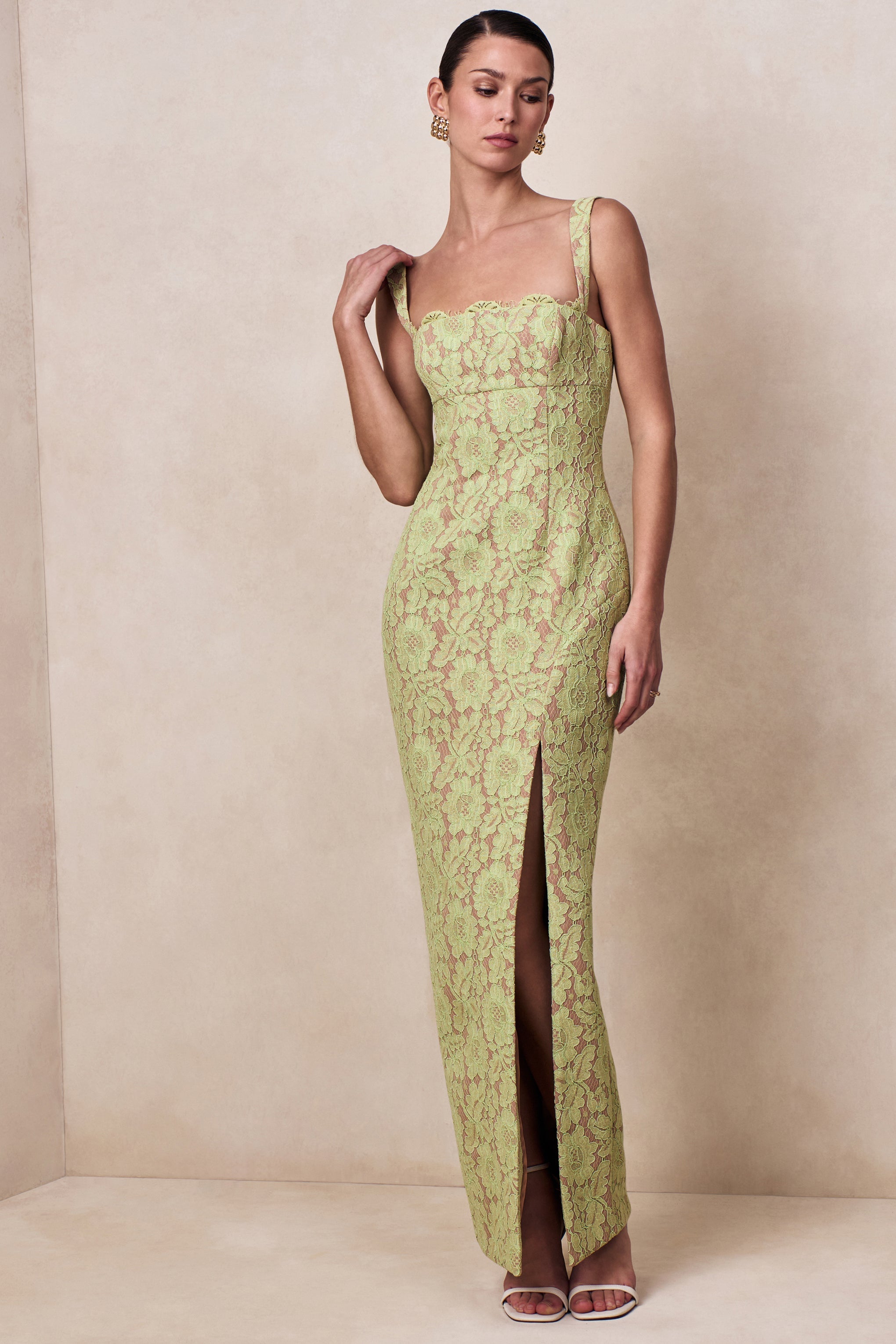 Zarisse | Green Lace Square-Neck Maxi Dress