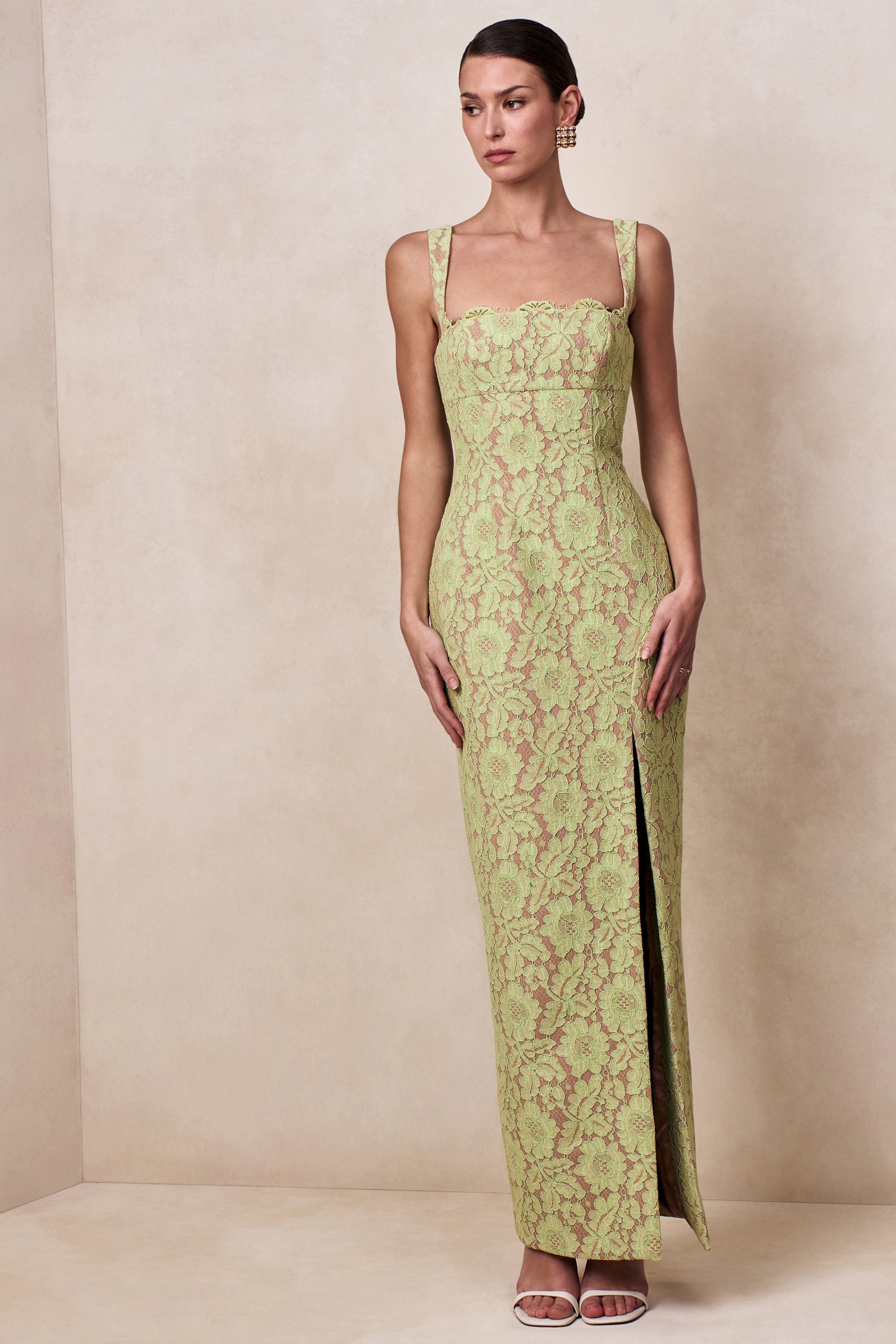 Zarisse | Green Lace Square-Neck Maxi Dress