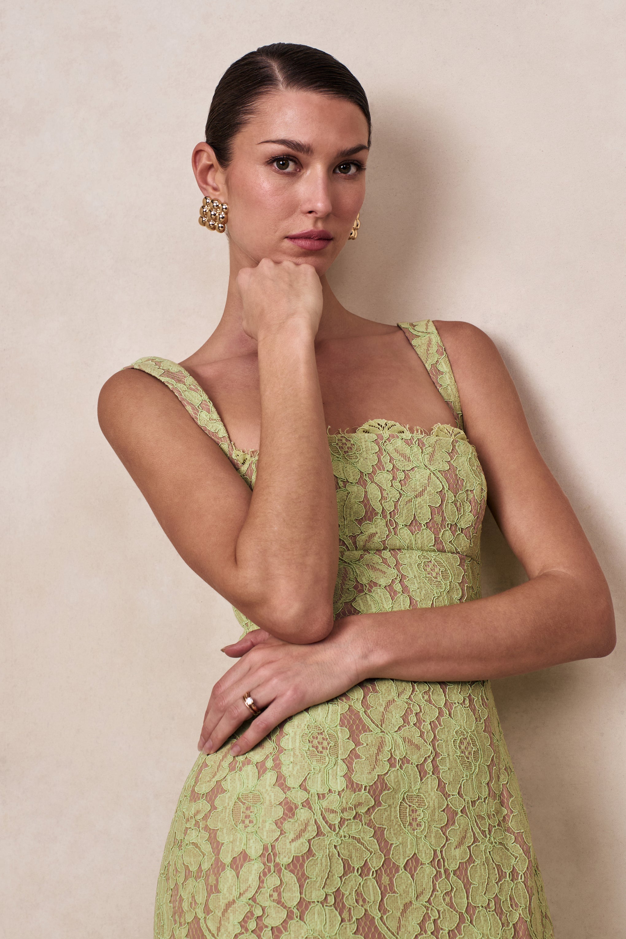 Zarisse | Green Lace Square-Neck Maxi Dress