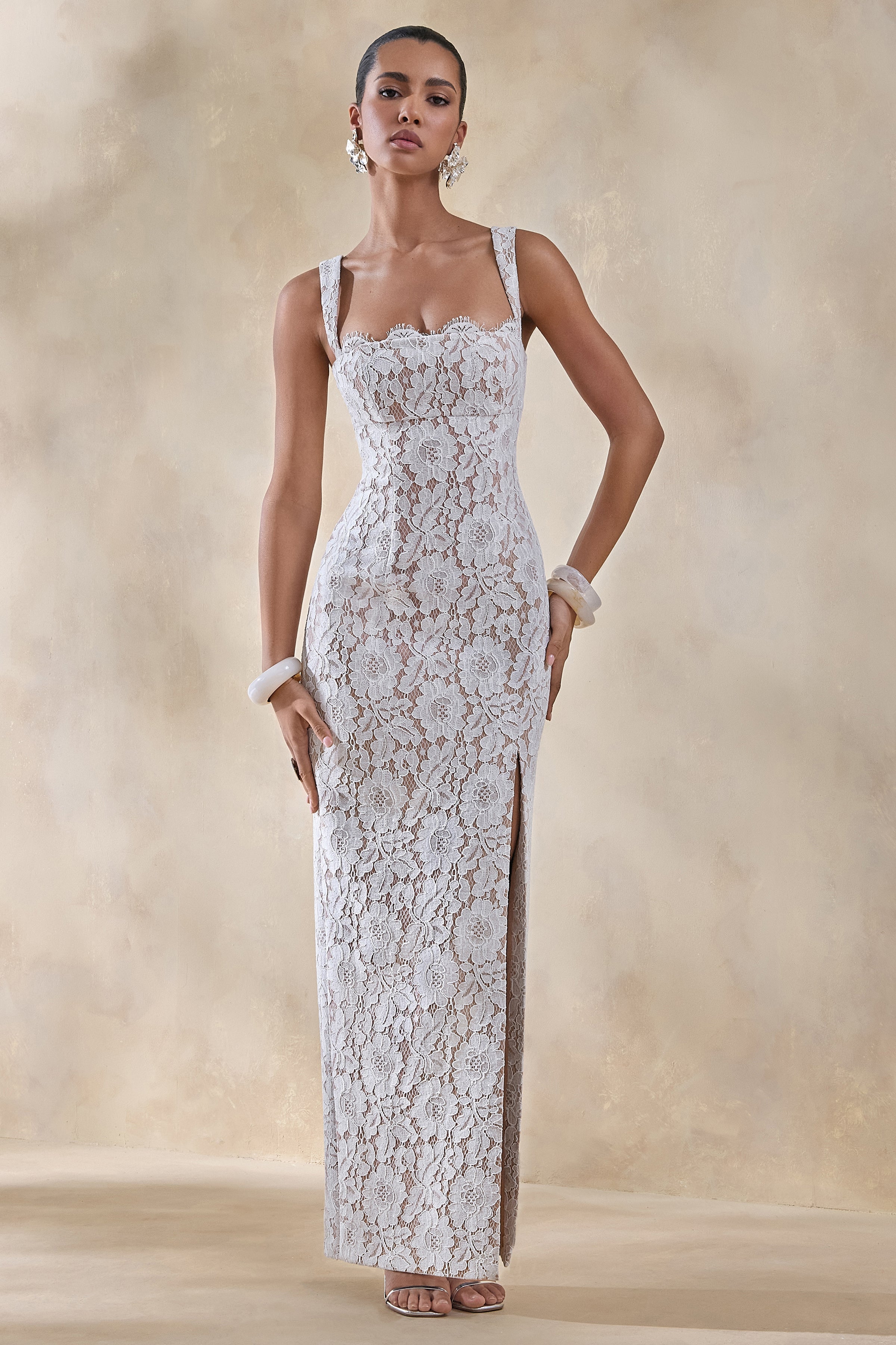 Zarisse | White Lace Square-Neck Maxi Dress