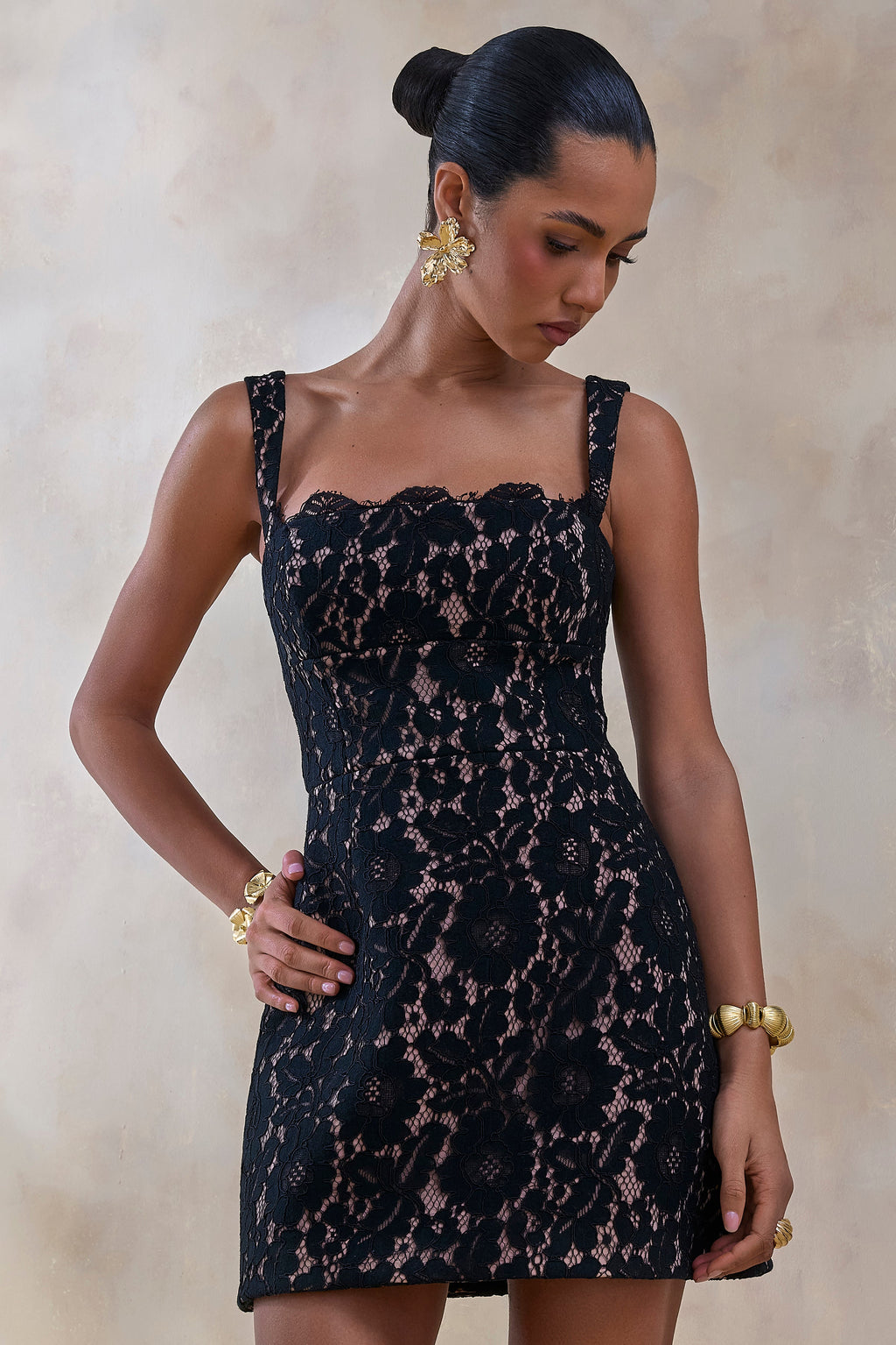 Orelisse | Black Lace Square-Neck Mini Dress