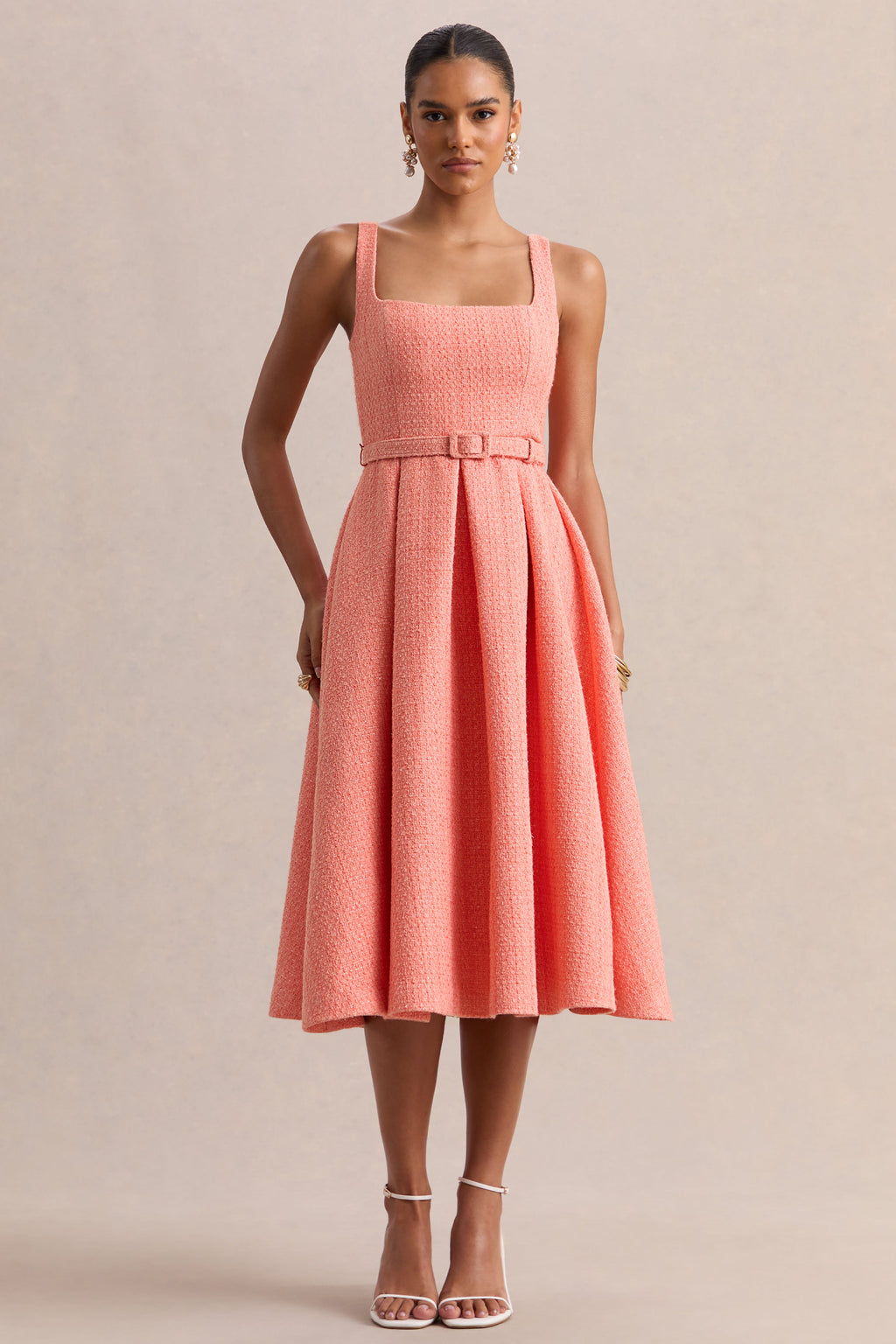 Camoria | Coral Boucle Square-Neck Midi Dress