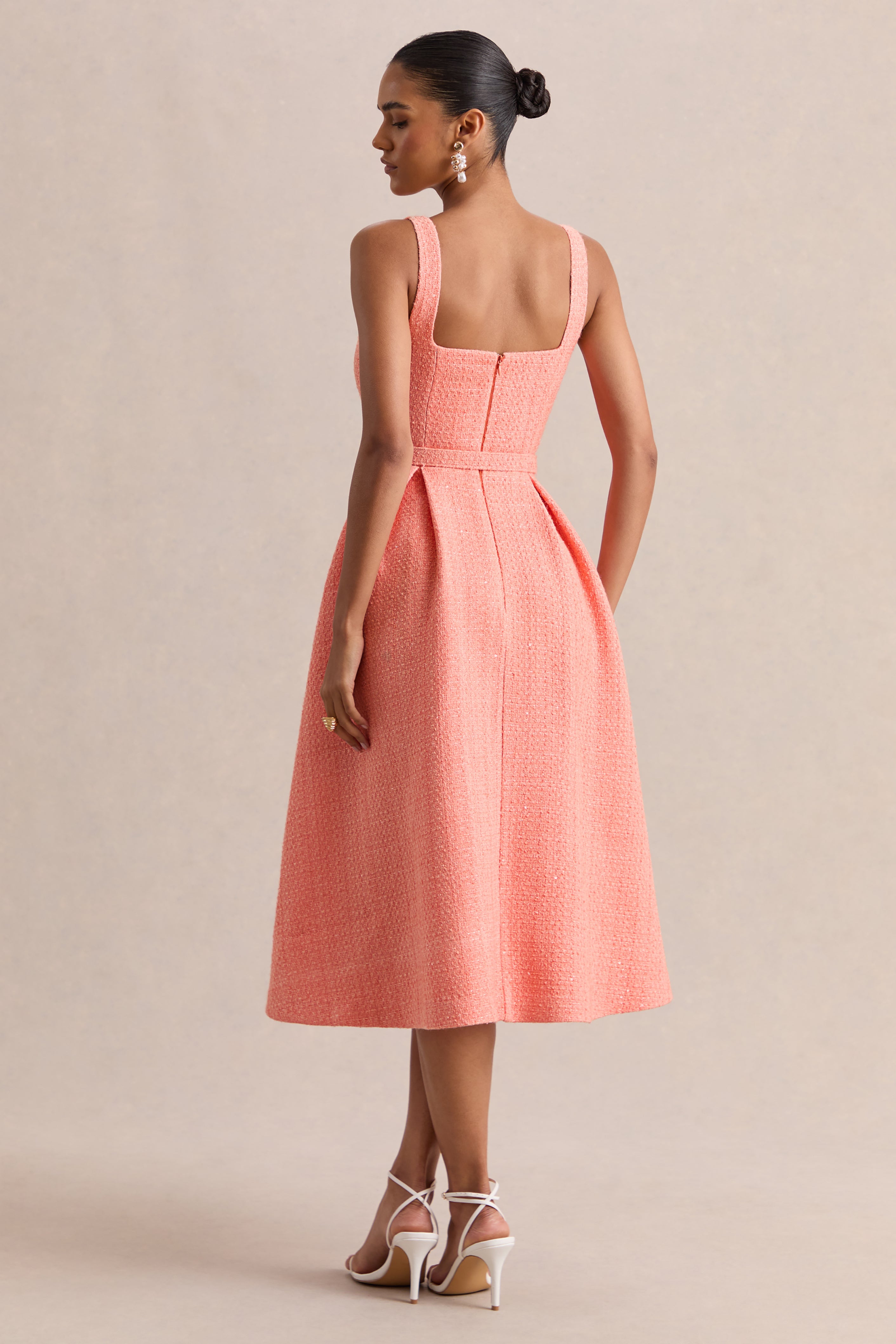 Camoria | Coral Boucle Square-Neck Midi Dress