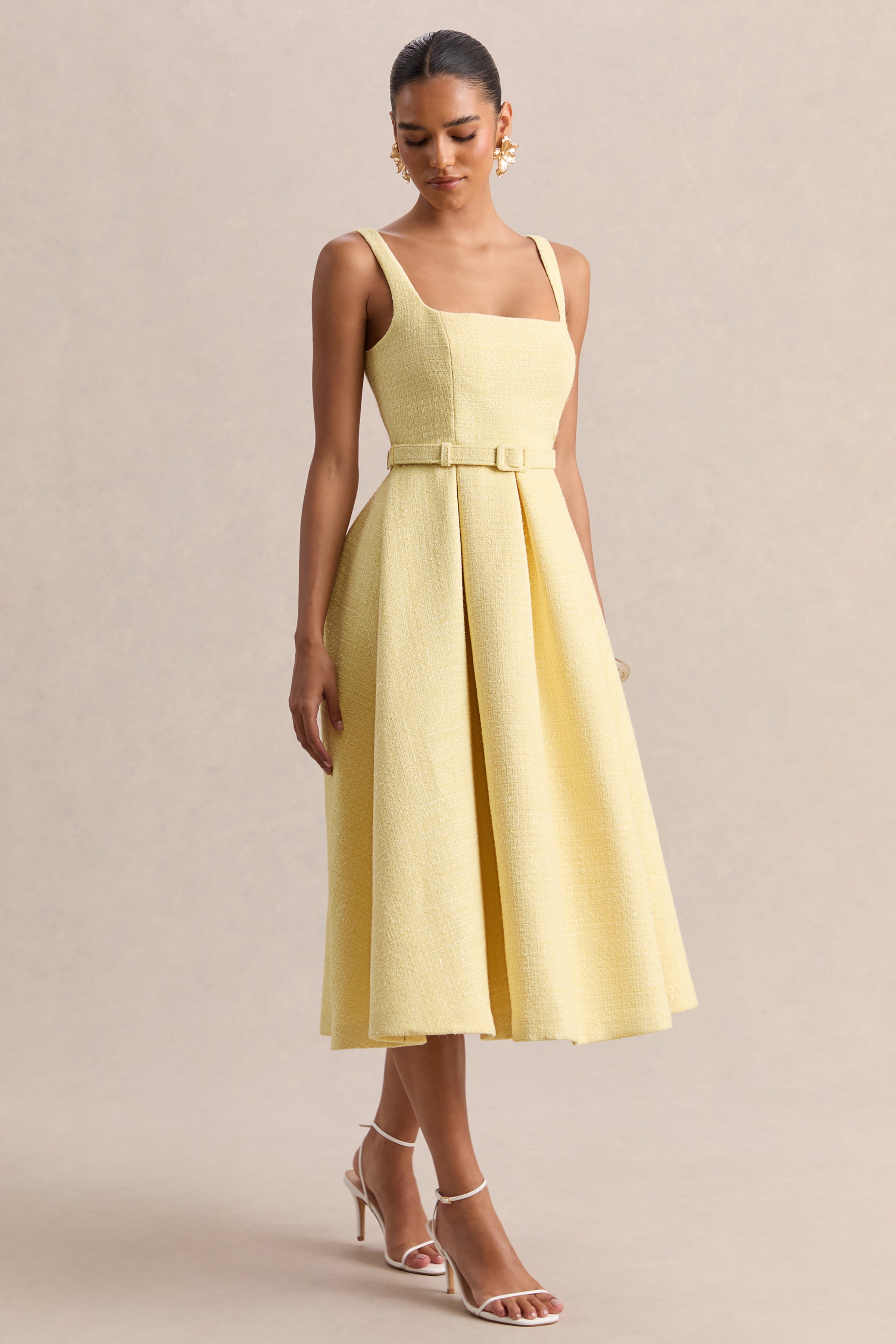 Camoria | Lemon Boucle Square-Neck Midi Dress