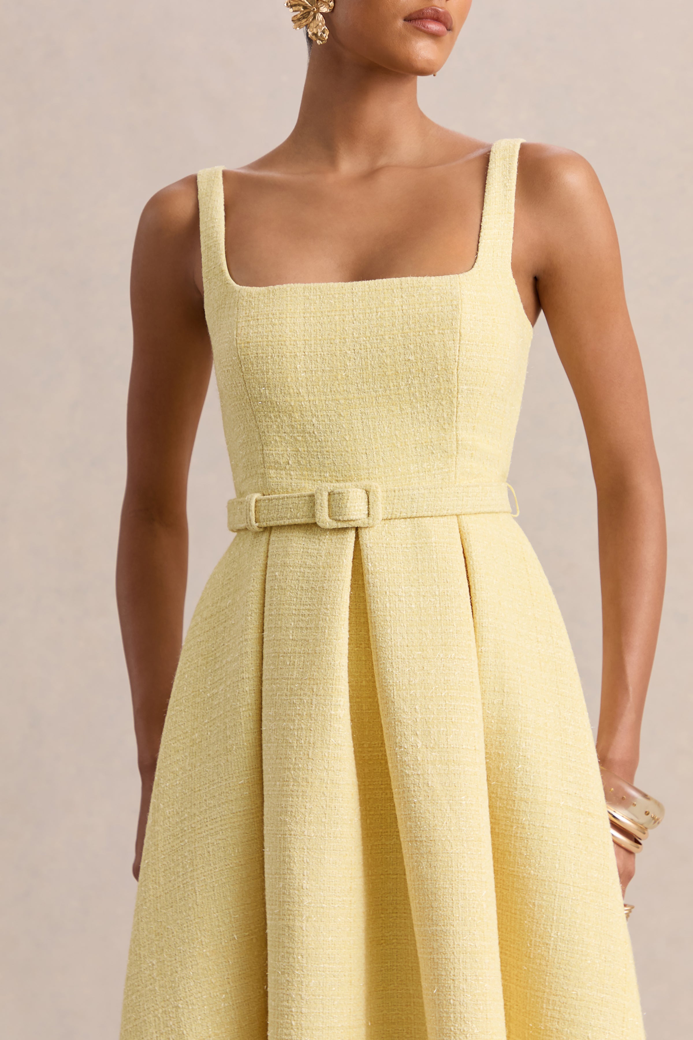 Camoria | Lemon Boucle Square-Neck Midi Dress