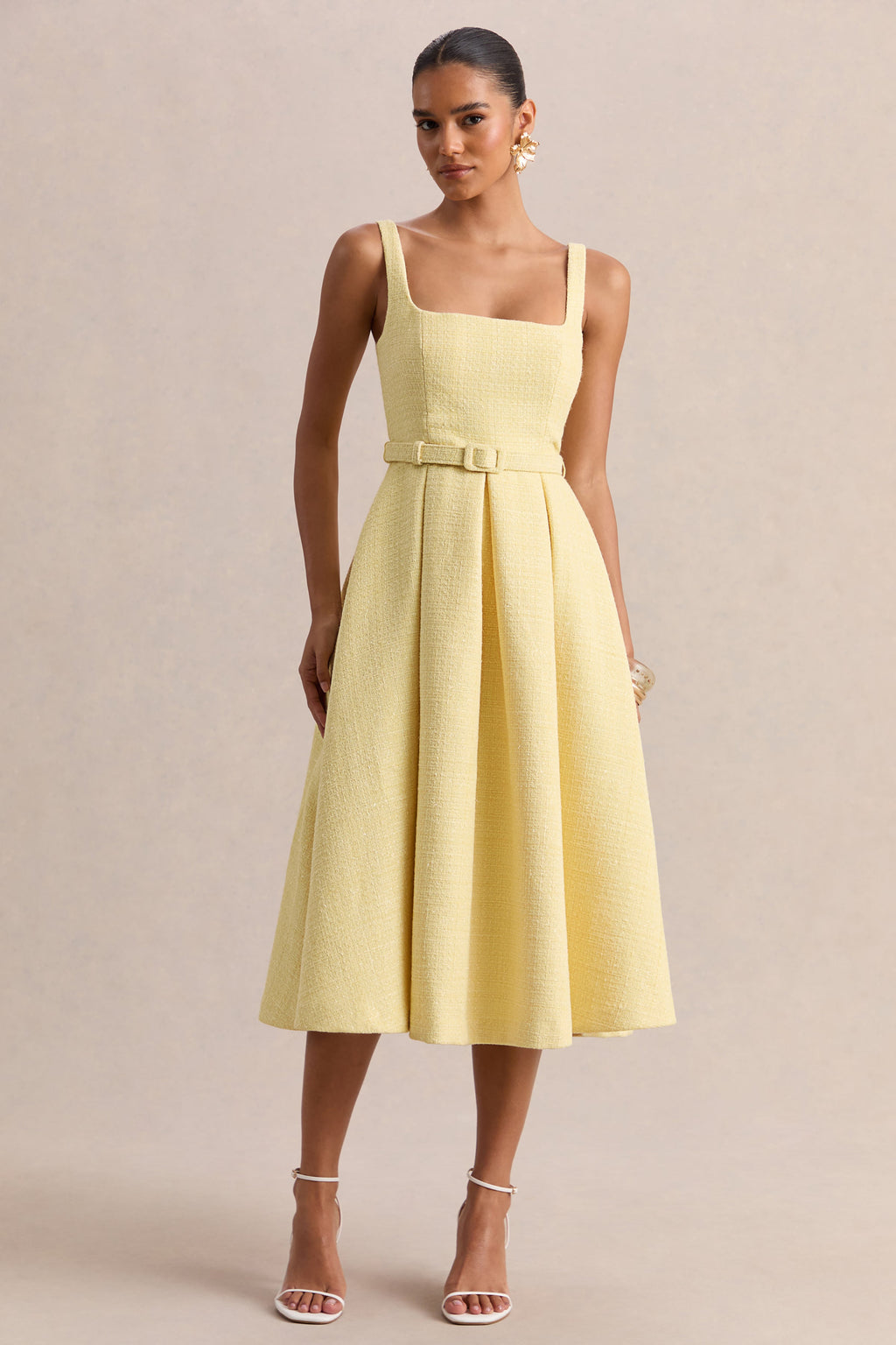 Camoria | Lemon Boucle Square-Neck Midi Dress