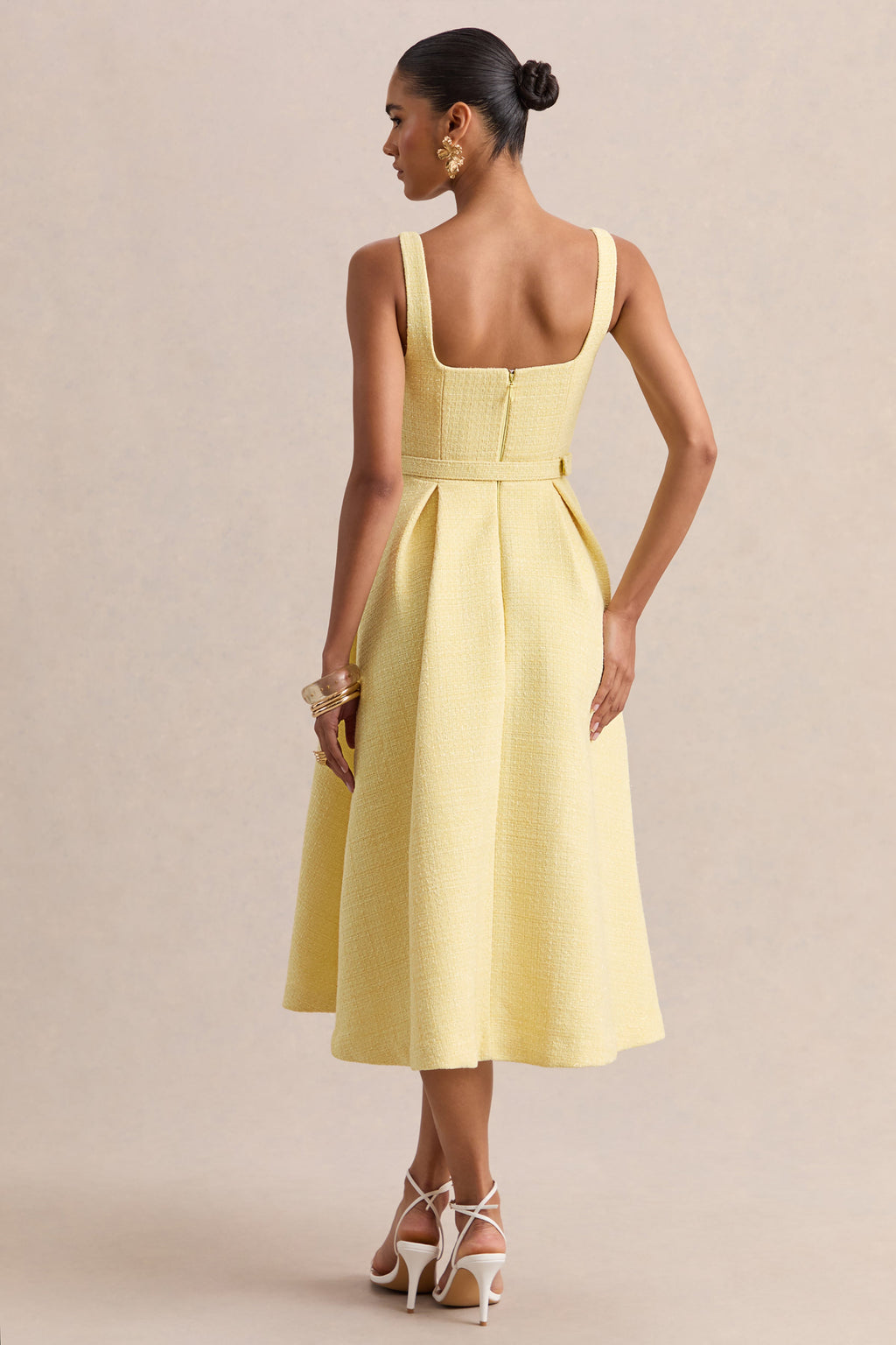 Camoria | Lemon Boucle Square-Neck Midi Dress