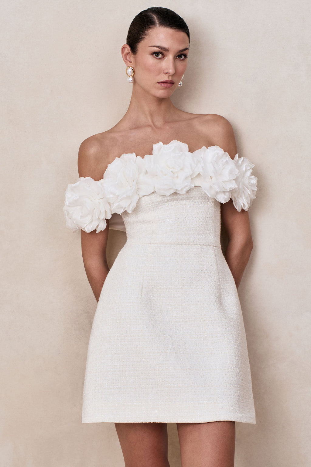 Florinda | White Boucle Floral-Bardot Neck Mini Dress