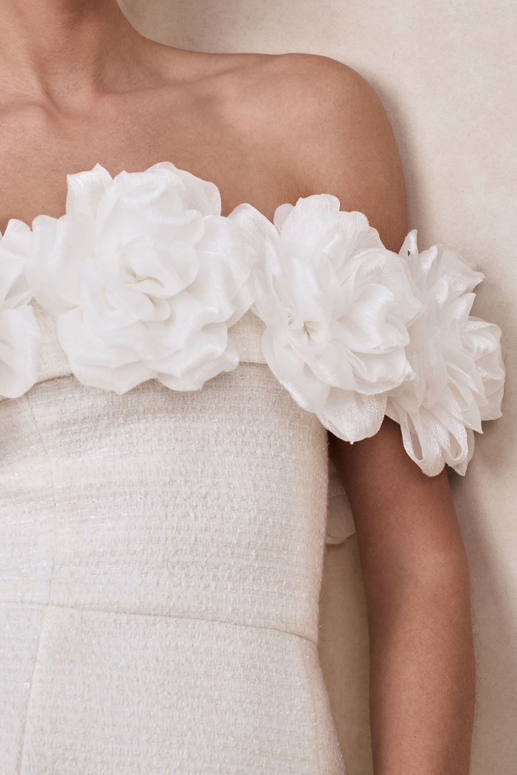 Florinda | White Boucle Floral-Bardot Neck Mini Dress