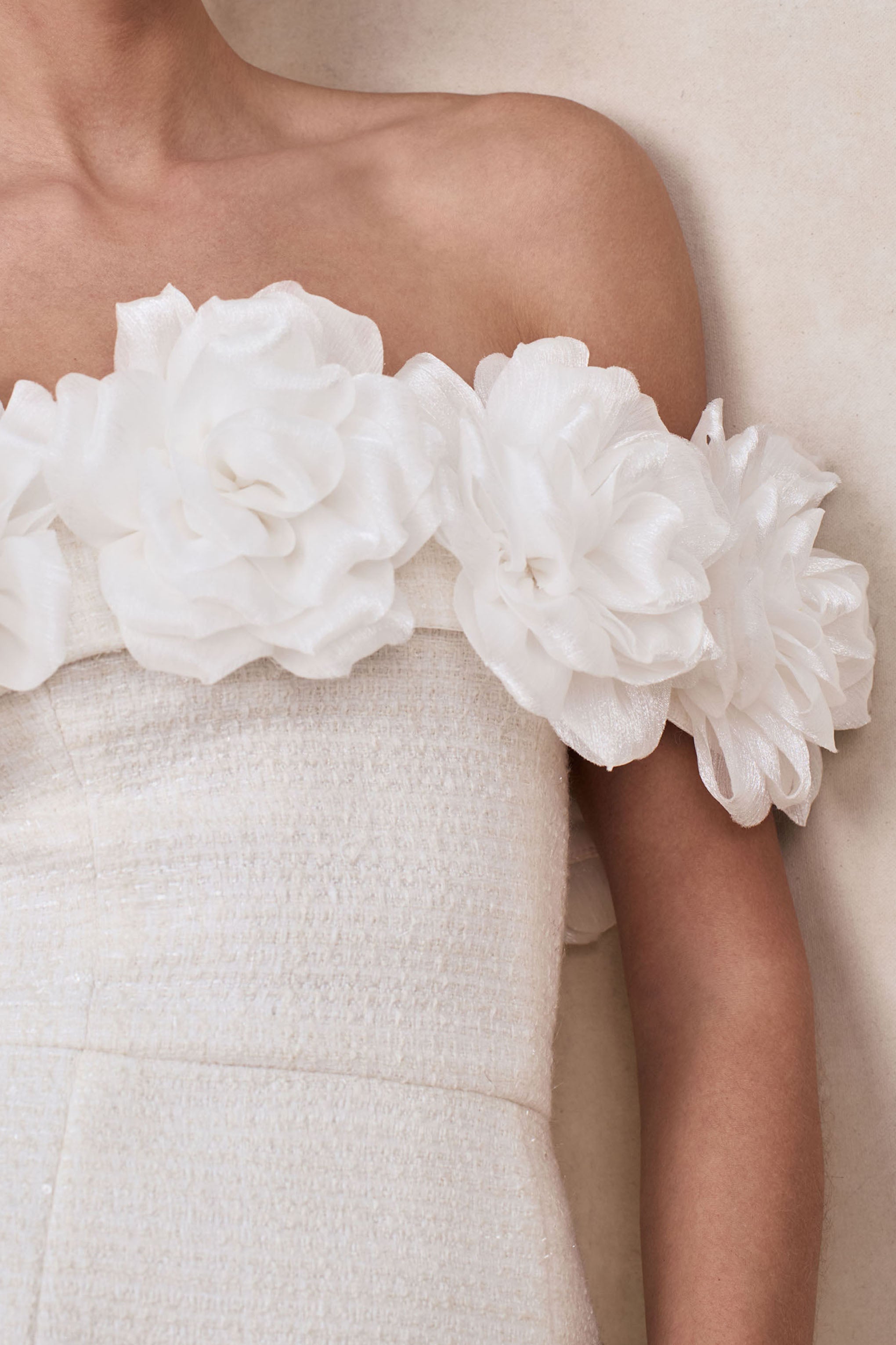 Florinda | White Boucle Floral-Bardot Neck Mini Dress