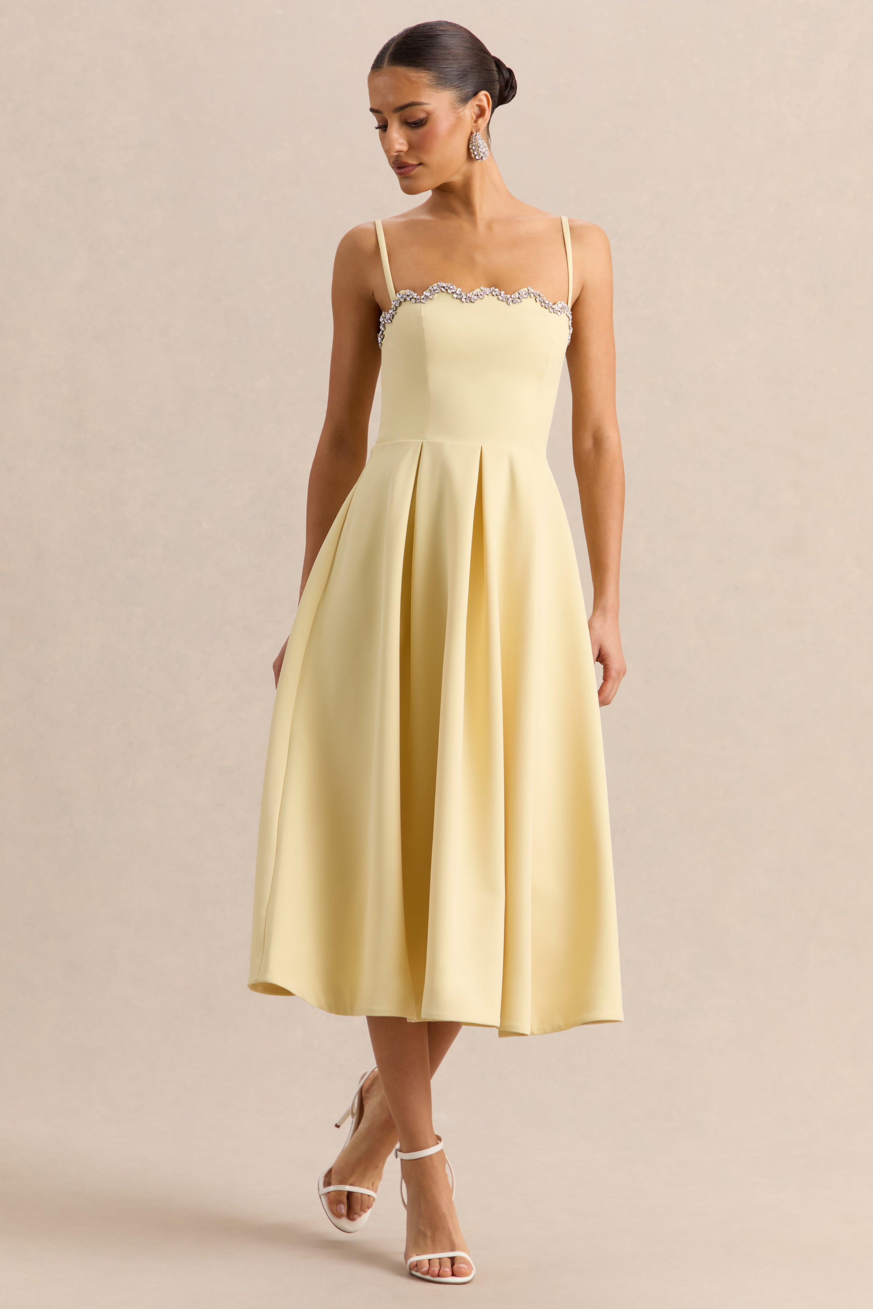 Evoria | Lemon Scalloped Square-Neck Midi Dress