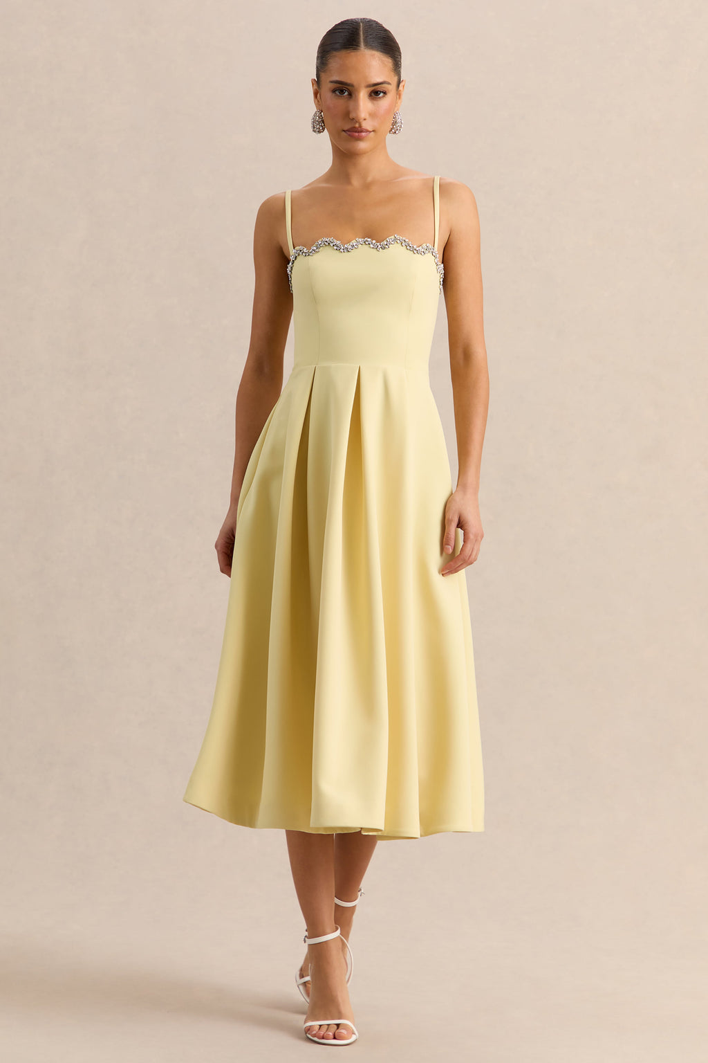 Evoria | Lemon Scalloped Square-Neck Midi Dress