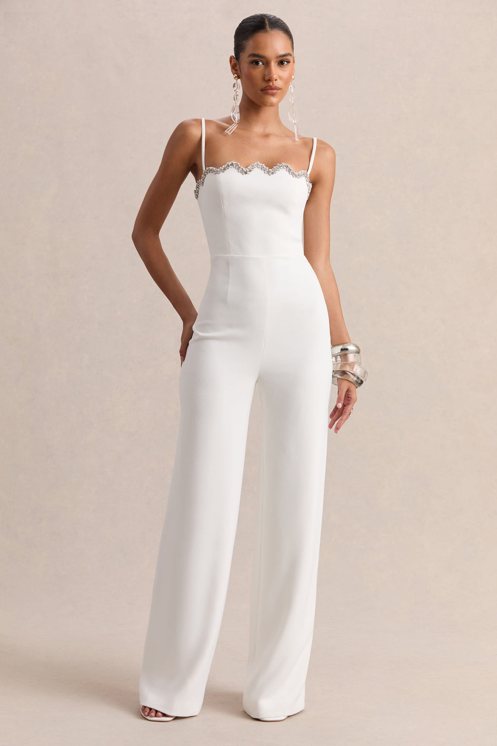 Calira | White Scalloped Square-Neck Jumpsuit