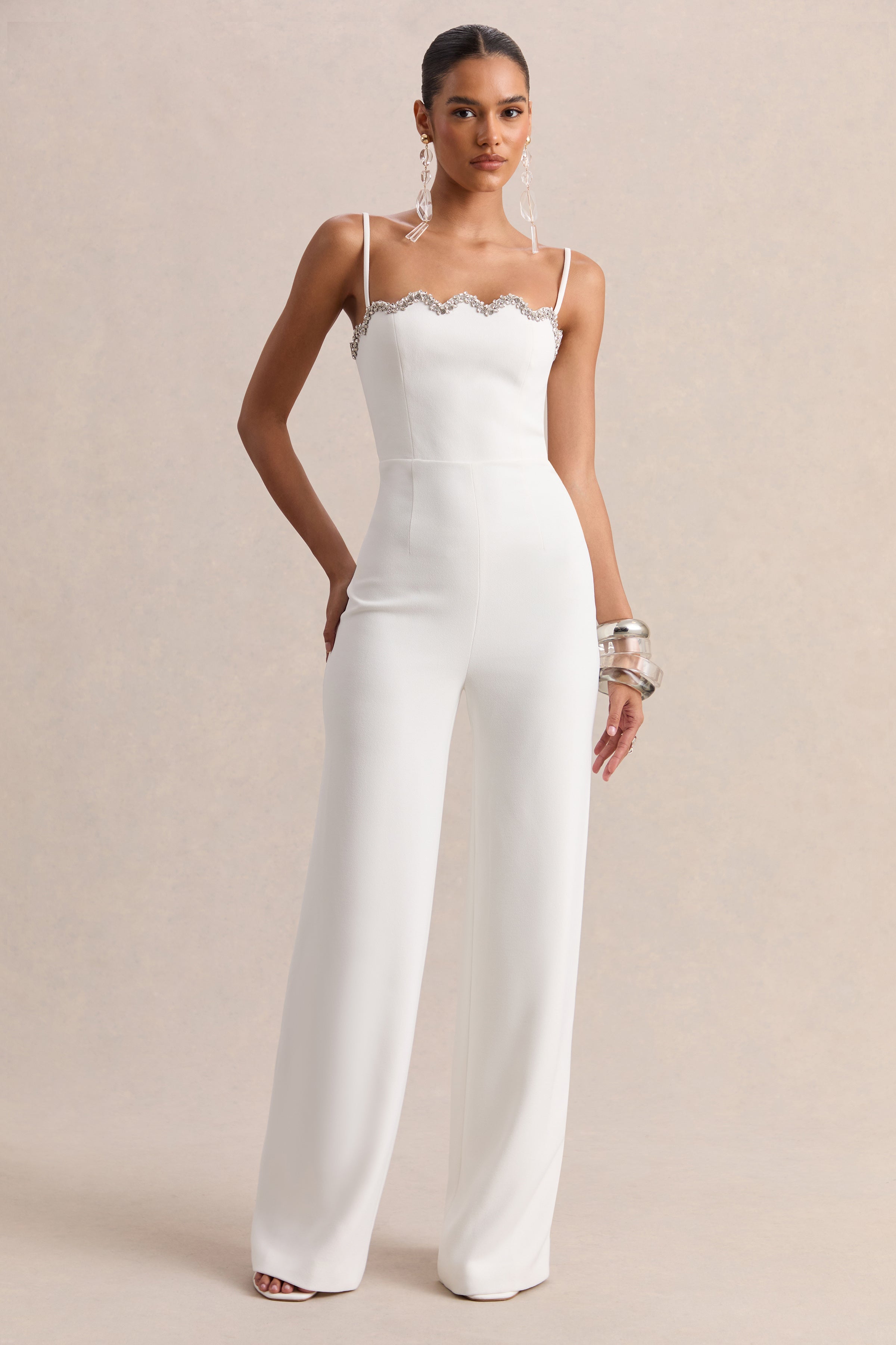 Calira | White Scalloped Square-Neck Jumpsuit