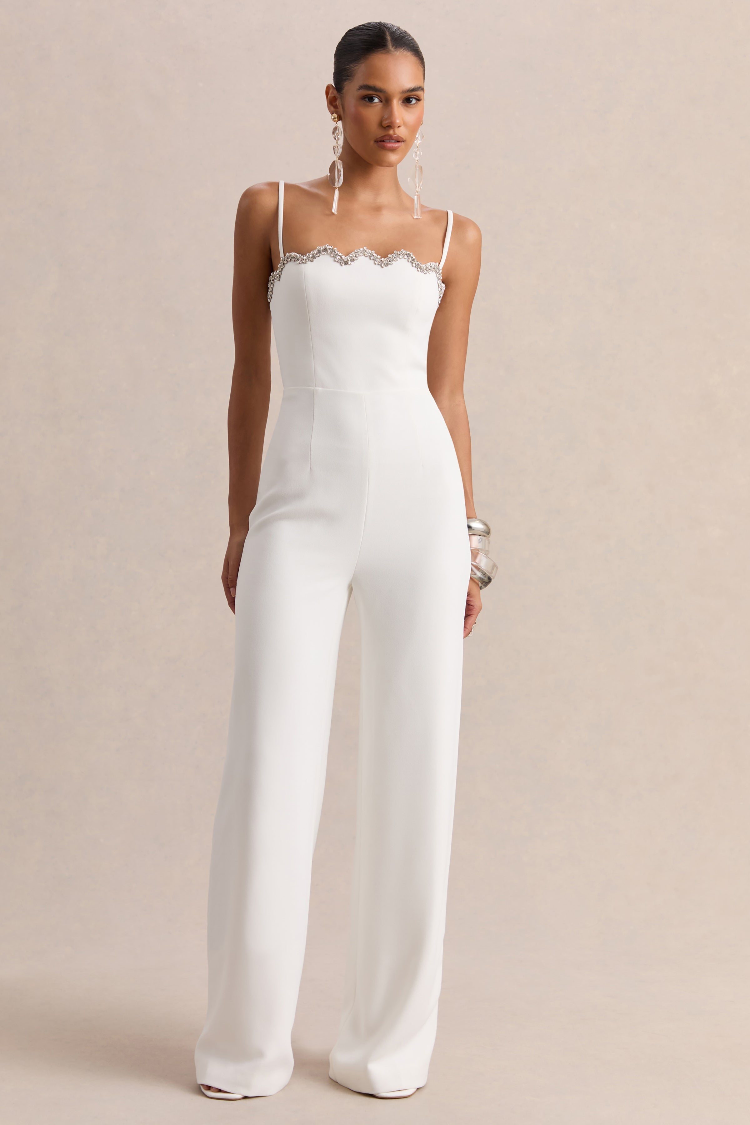 Calira | White Scalloped Square-Neck Jumpsuit