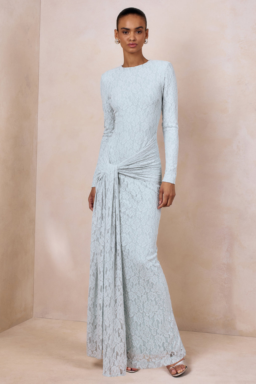 Evangela | Powder Blue Lace Crew-Neck Maxi Dress With Wrap-Detail