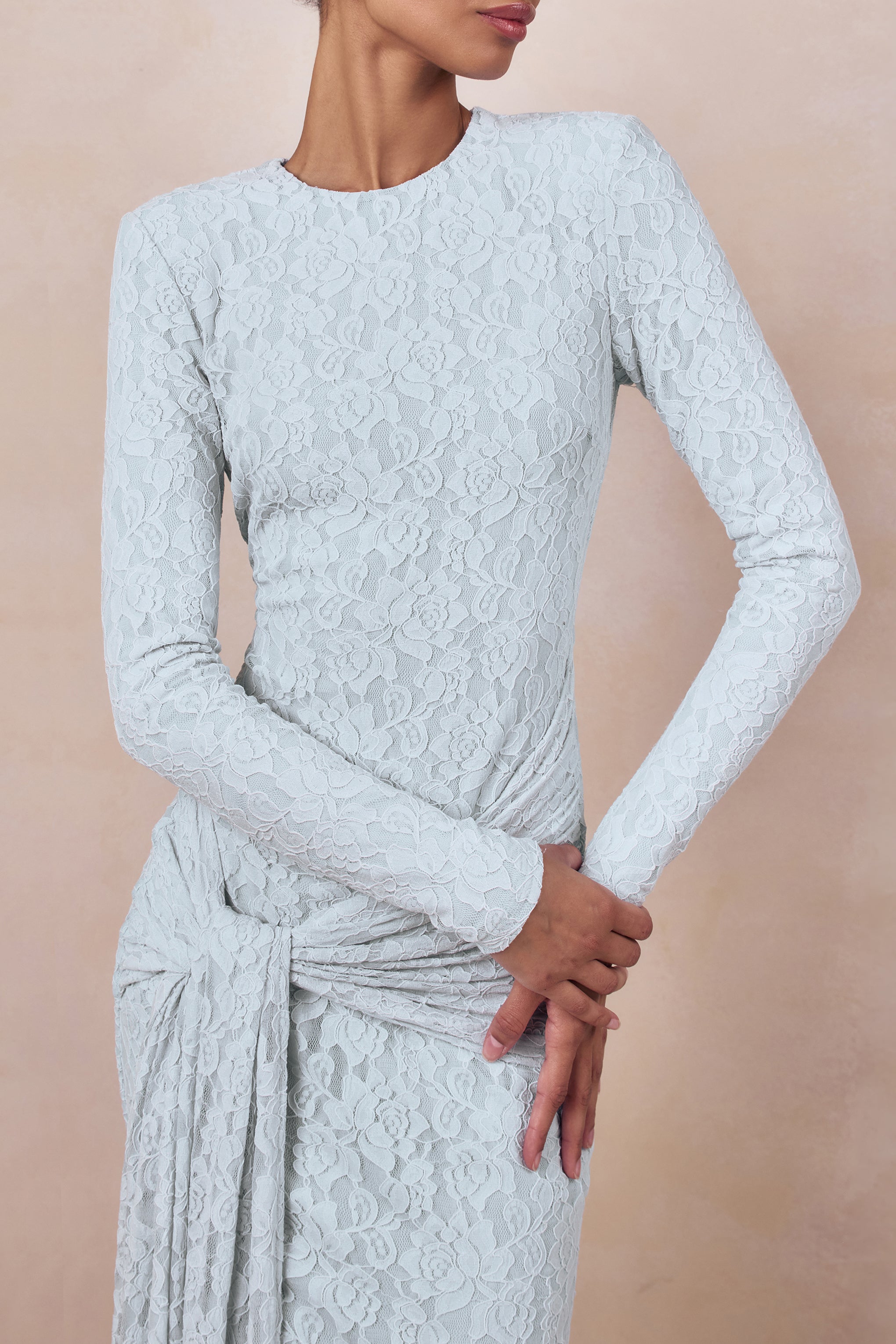 Evangela | Powder Blue Lace Crew-Neck Maxi Dress With Wrap-Detail