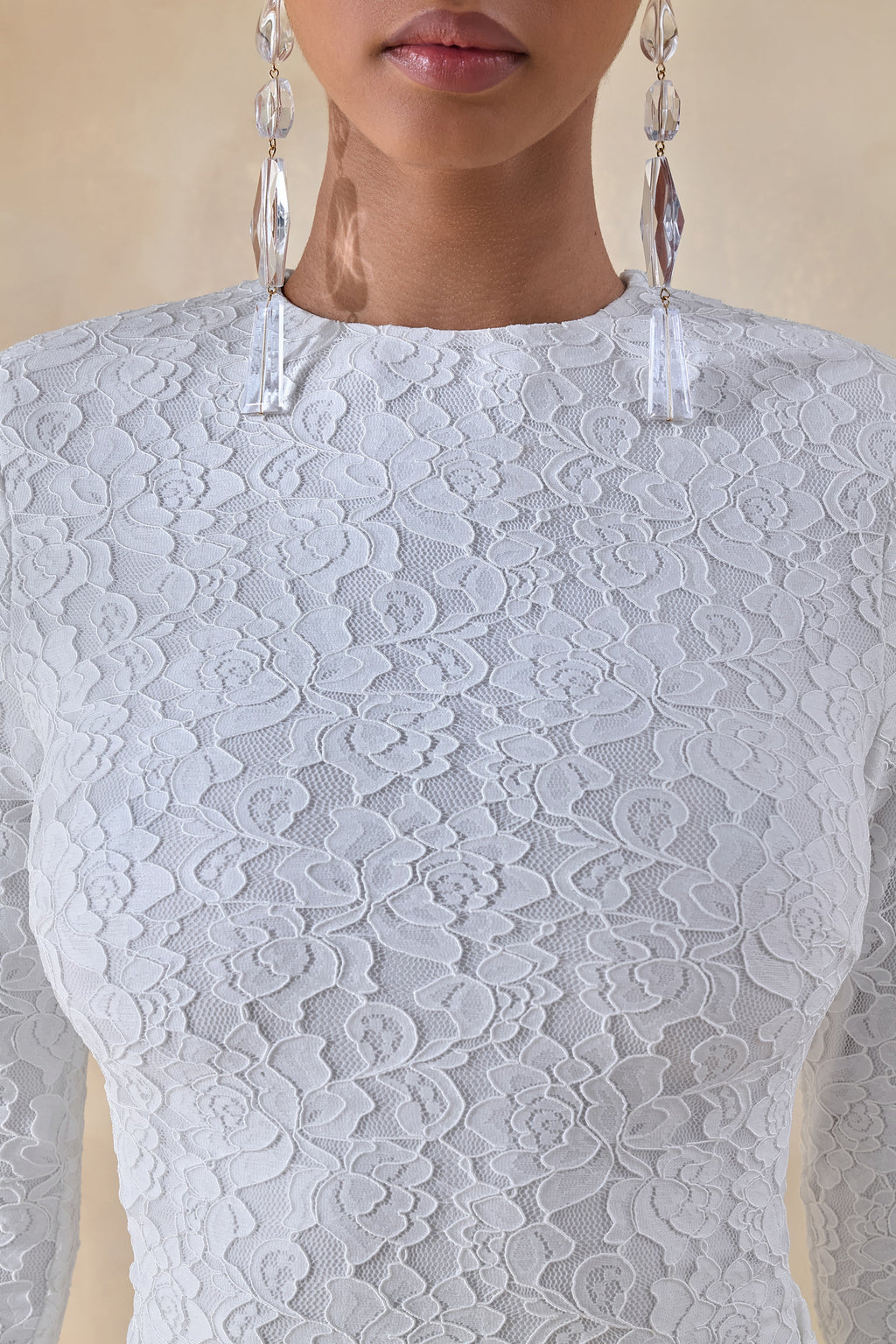 Evangela | White Lace Crew-Neck Maxi Dress With Wrap-Detail