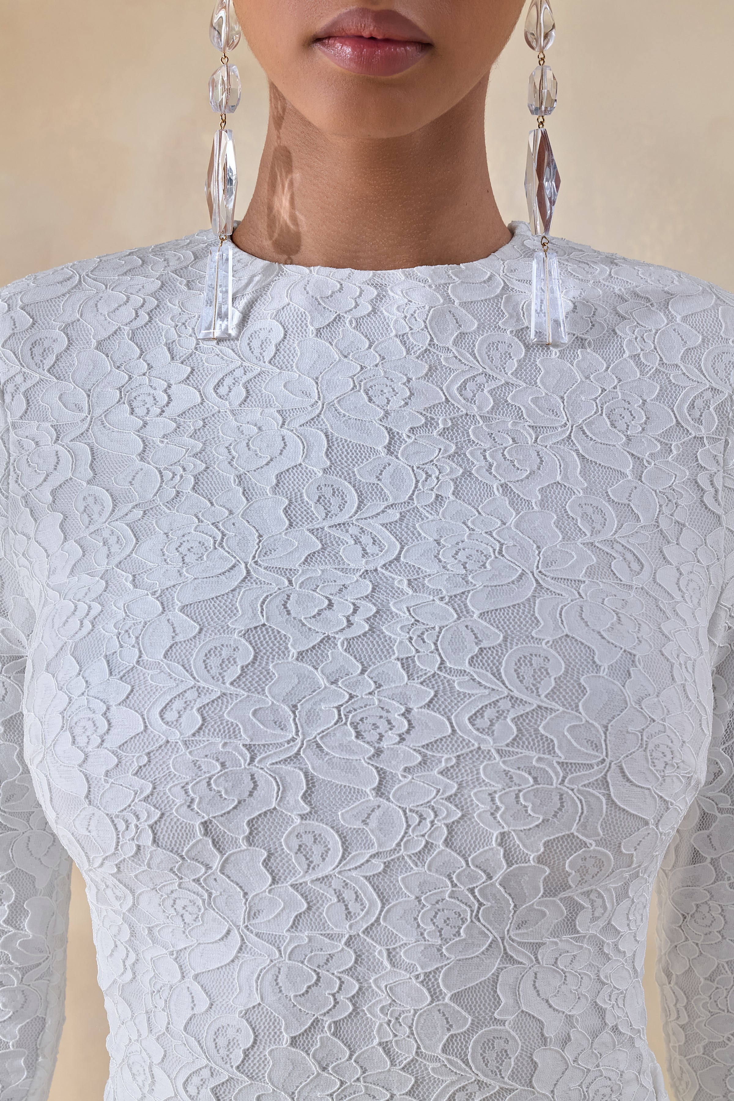 Evangela | White Lace Crew-Neck Maxi Dress With Wrap-Detail