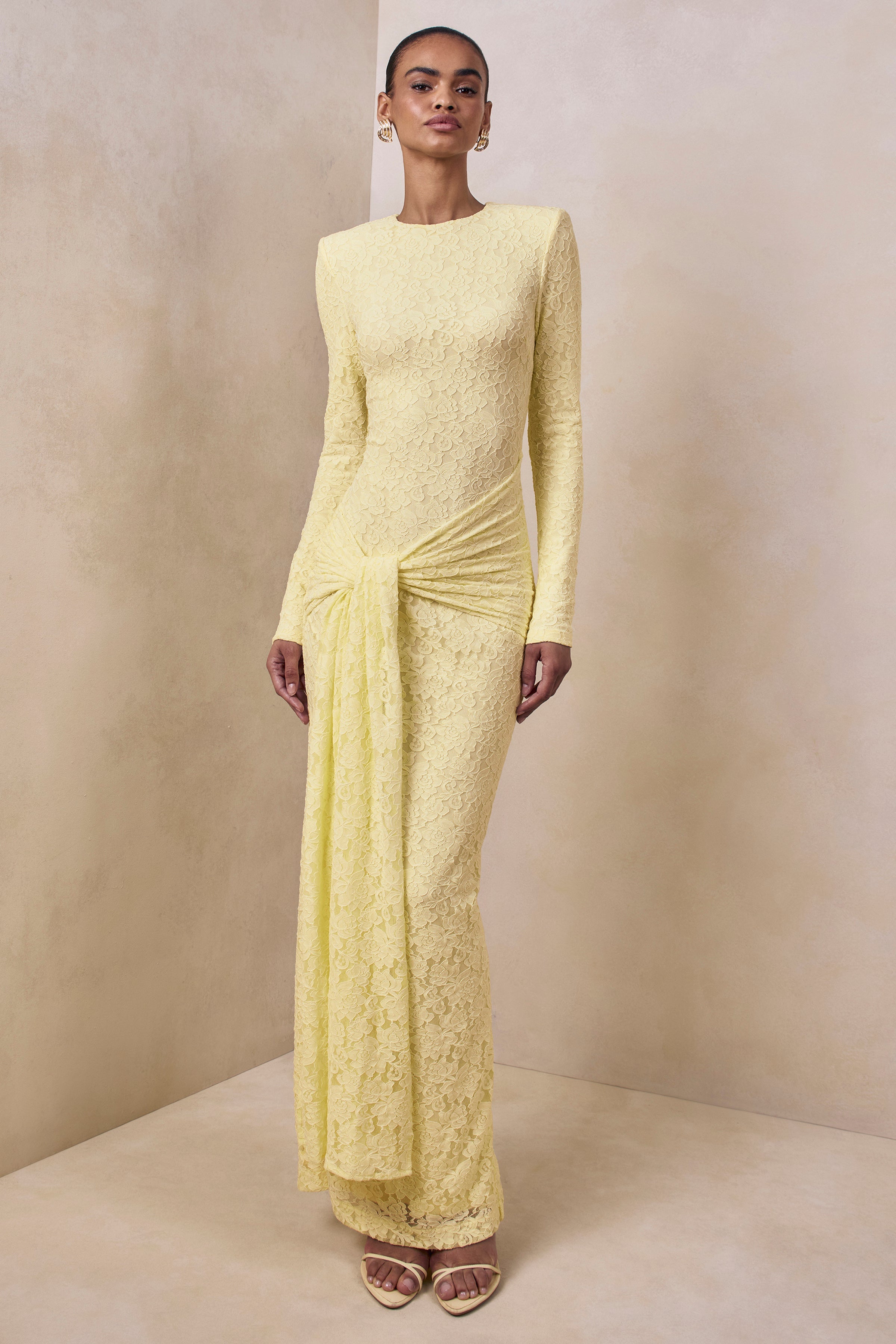 Evangela | Lemon Lace Crew-Neck Maxi Dress With Wrap-Detail