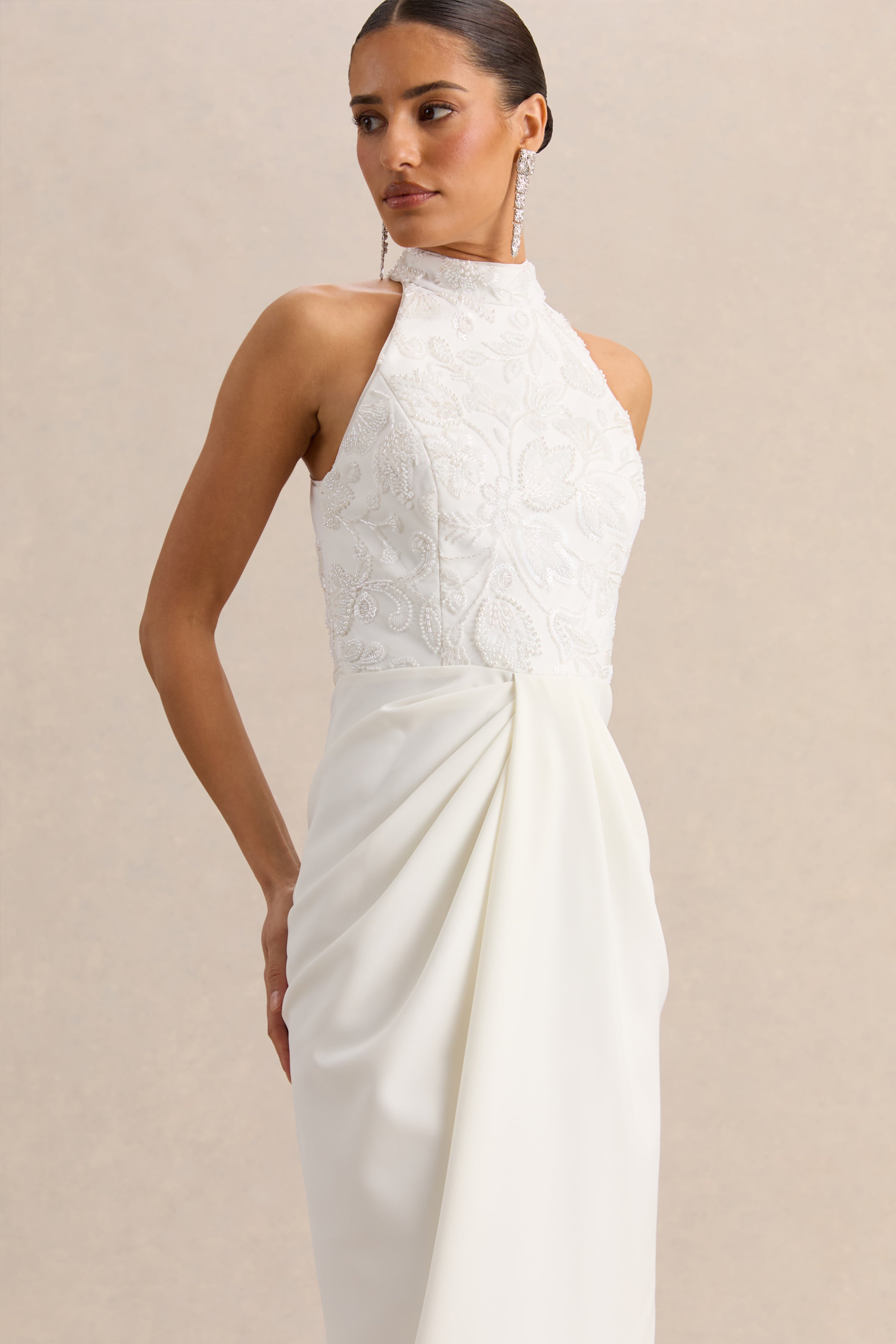 Charlotte | White Halter-Neck Maxi Dress With Gathered-Detailing