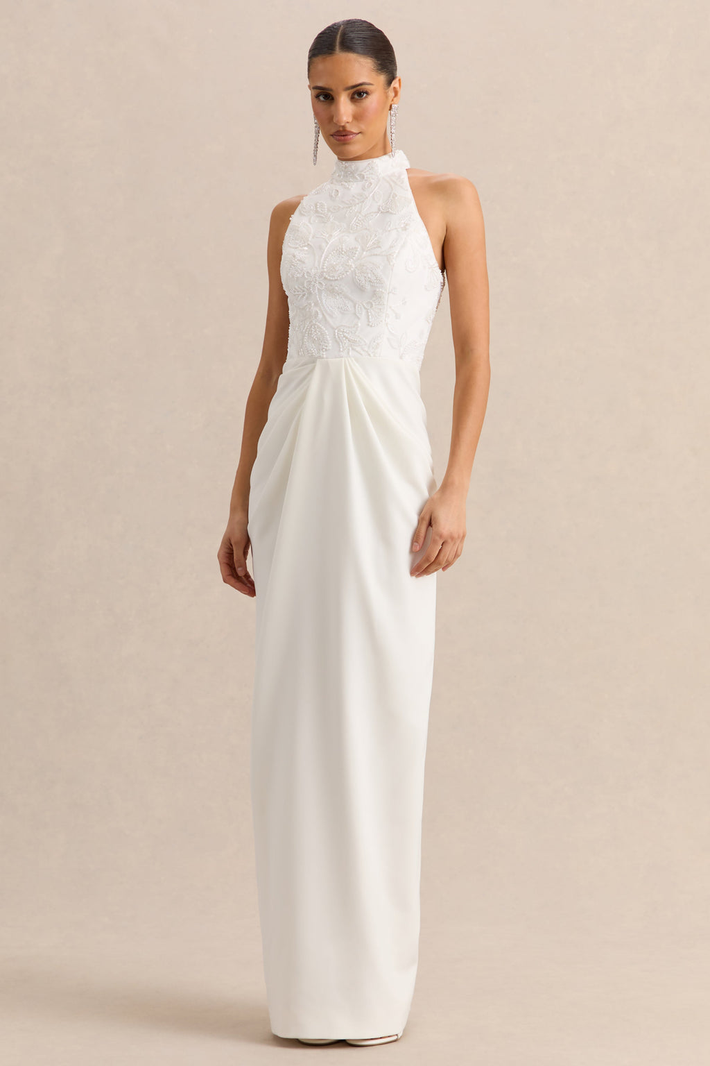Charlotte | White Halter-Neck Maxi Dress With Gathered-Detailing