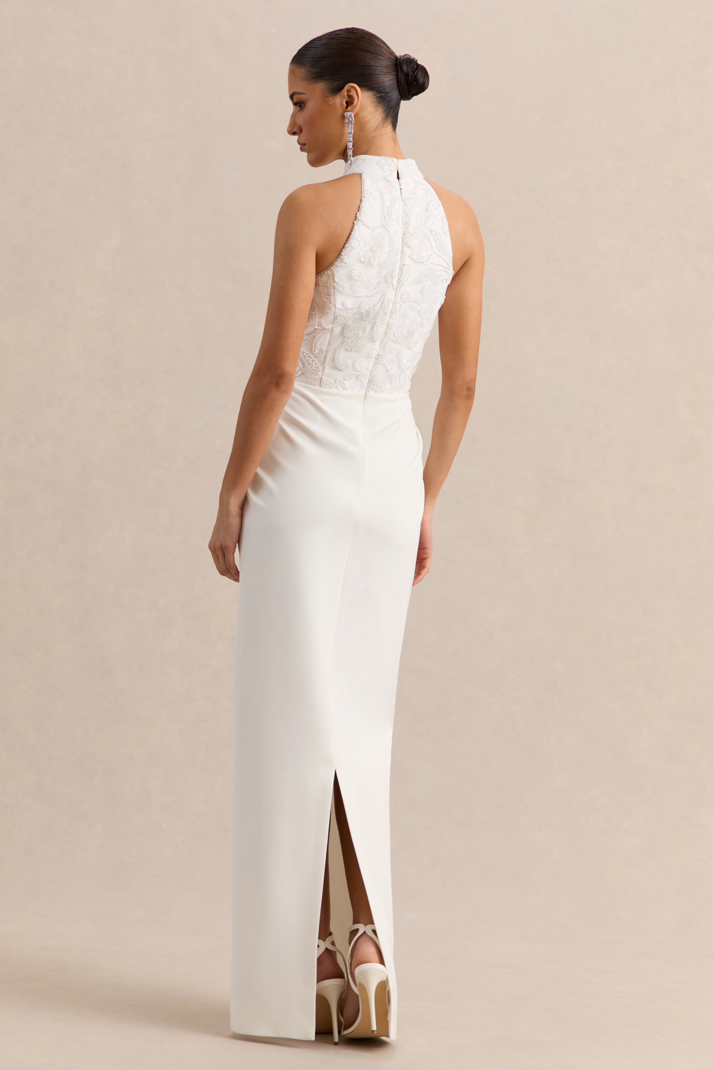 Charlotte | White Halter-Neck Maxi Dress With Gathered-Detailing