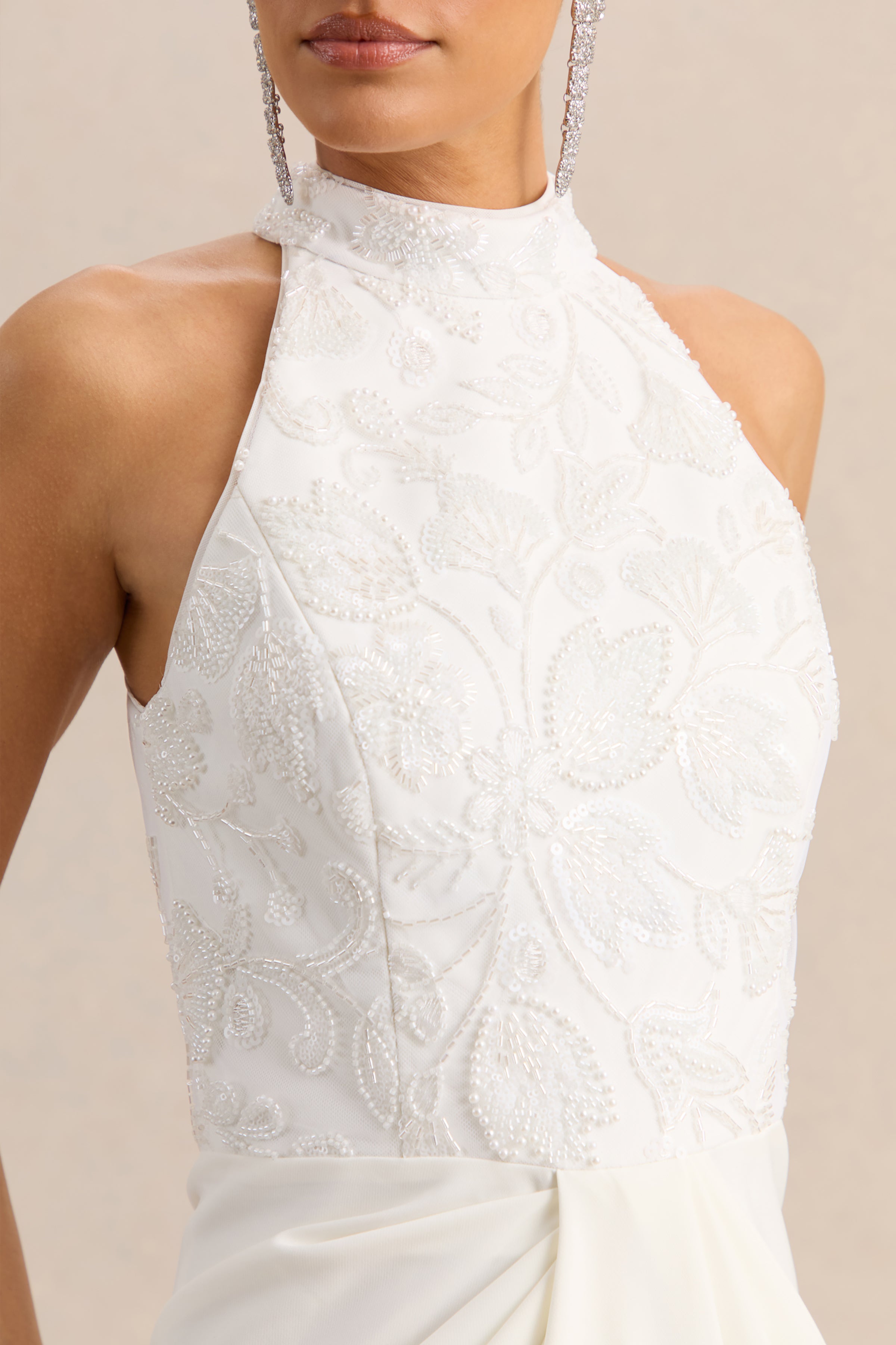 Charlotte | White Halter-Neck Maxi Dress With Gathered-Detailing